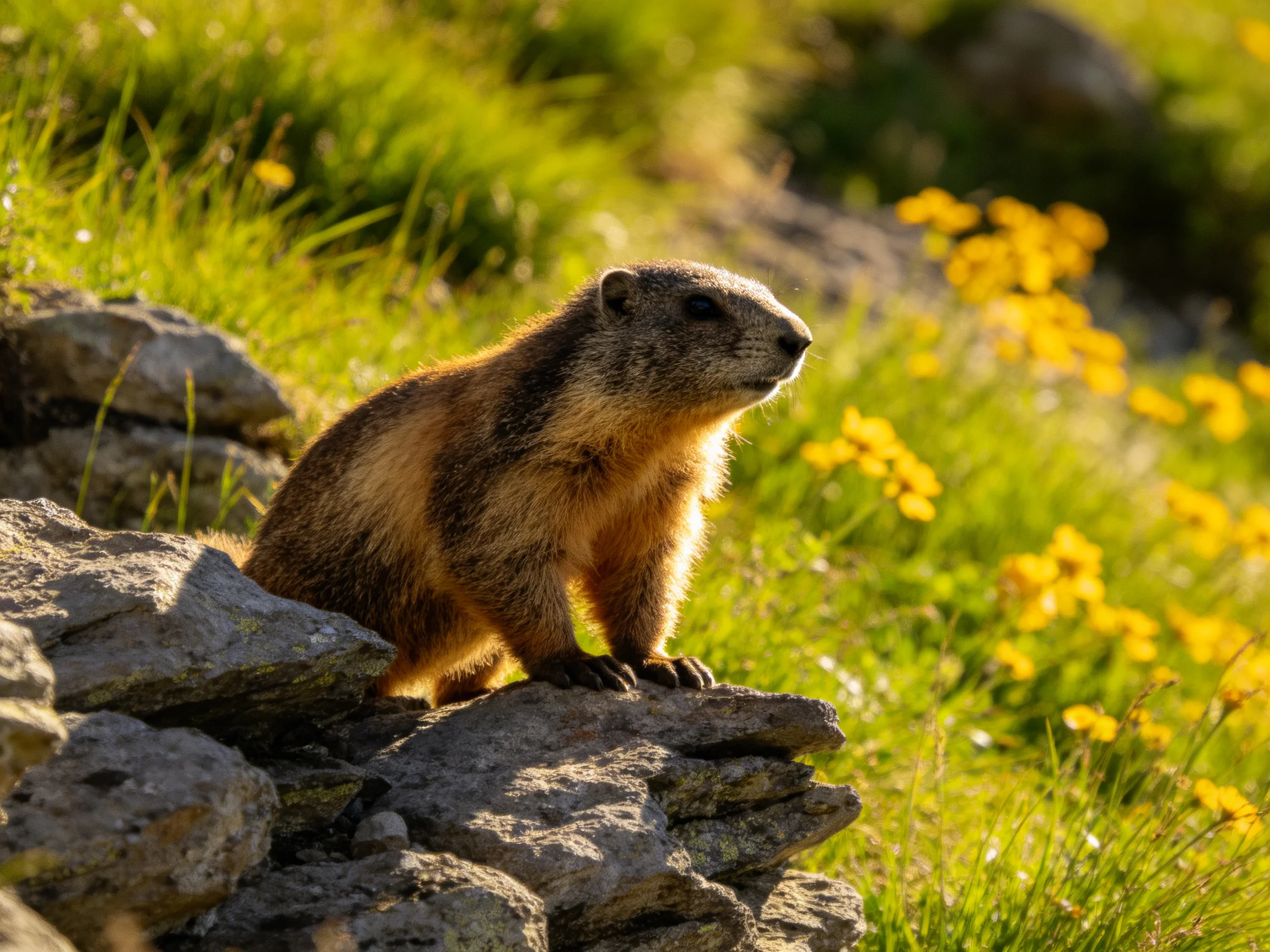 A brown marmot sits on rocks among green grass and yellow flowers