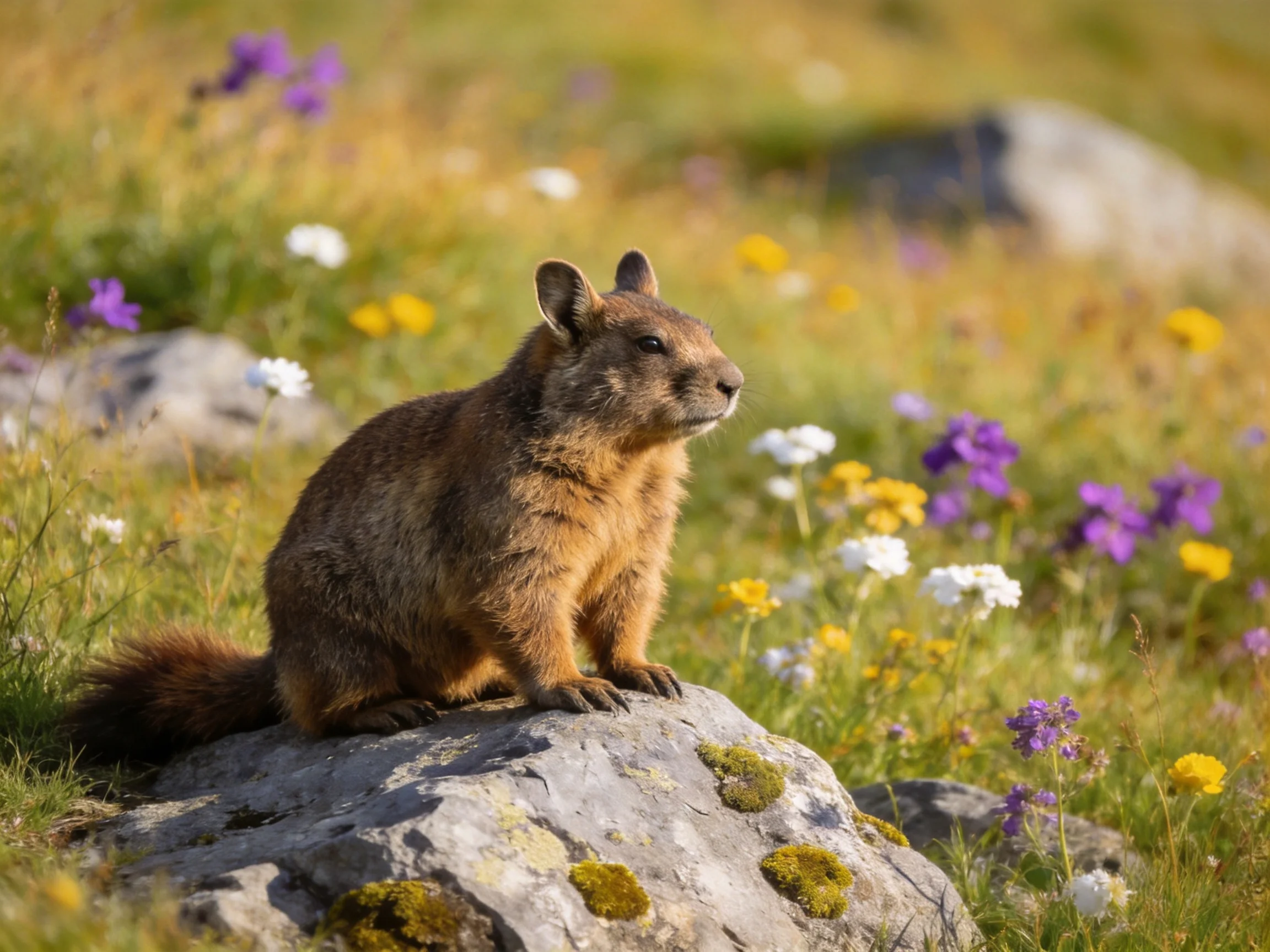 A brown marmot sits atop a moss-covered rock amid colorful wildflowers