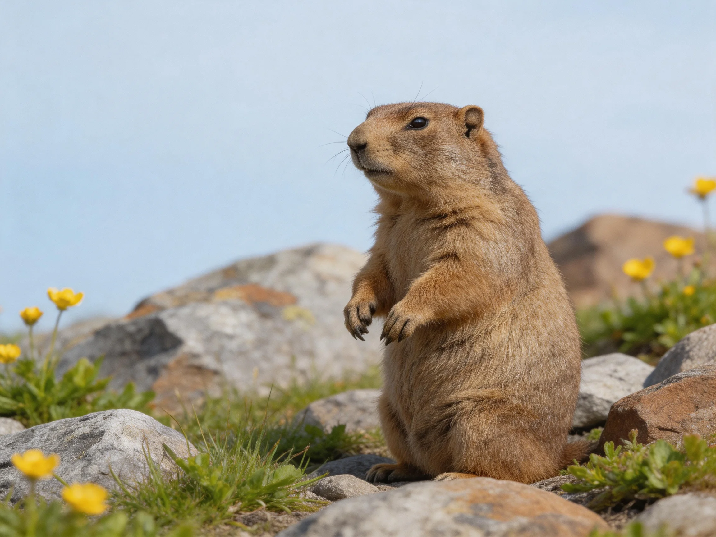 A brown marmot stands near gray rocks and yellow flowers.