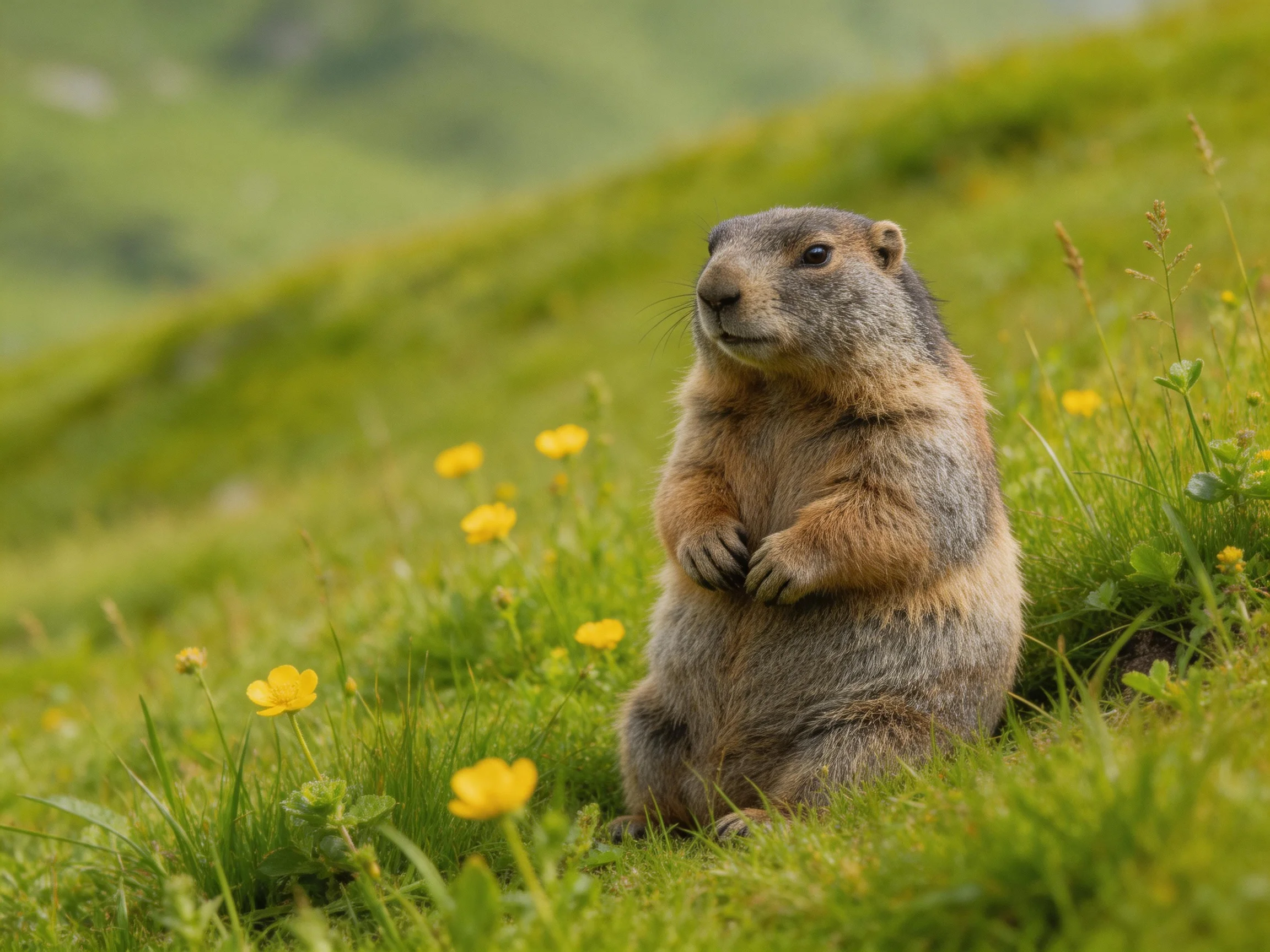 A marmot sits upright in a green meadow dotted with yellow flowers.
