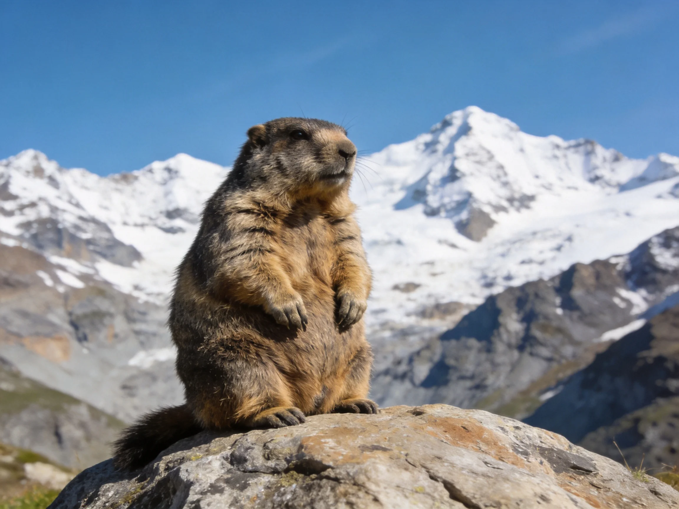 A brown marmot stands on a large gray rock near snow-capped peaks