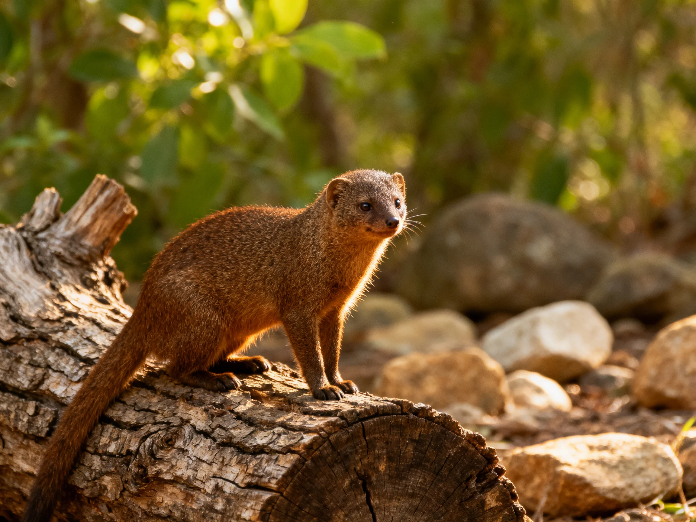 A brown mongoose perches on a gnarled tree trunk amid rocks and greenery
