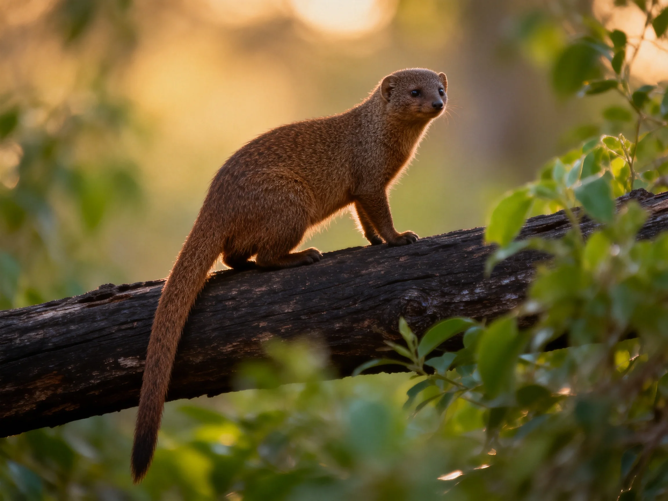 A brown mongoose rests on a dark log amidst greenery under golden light