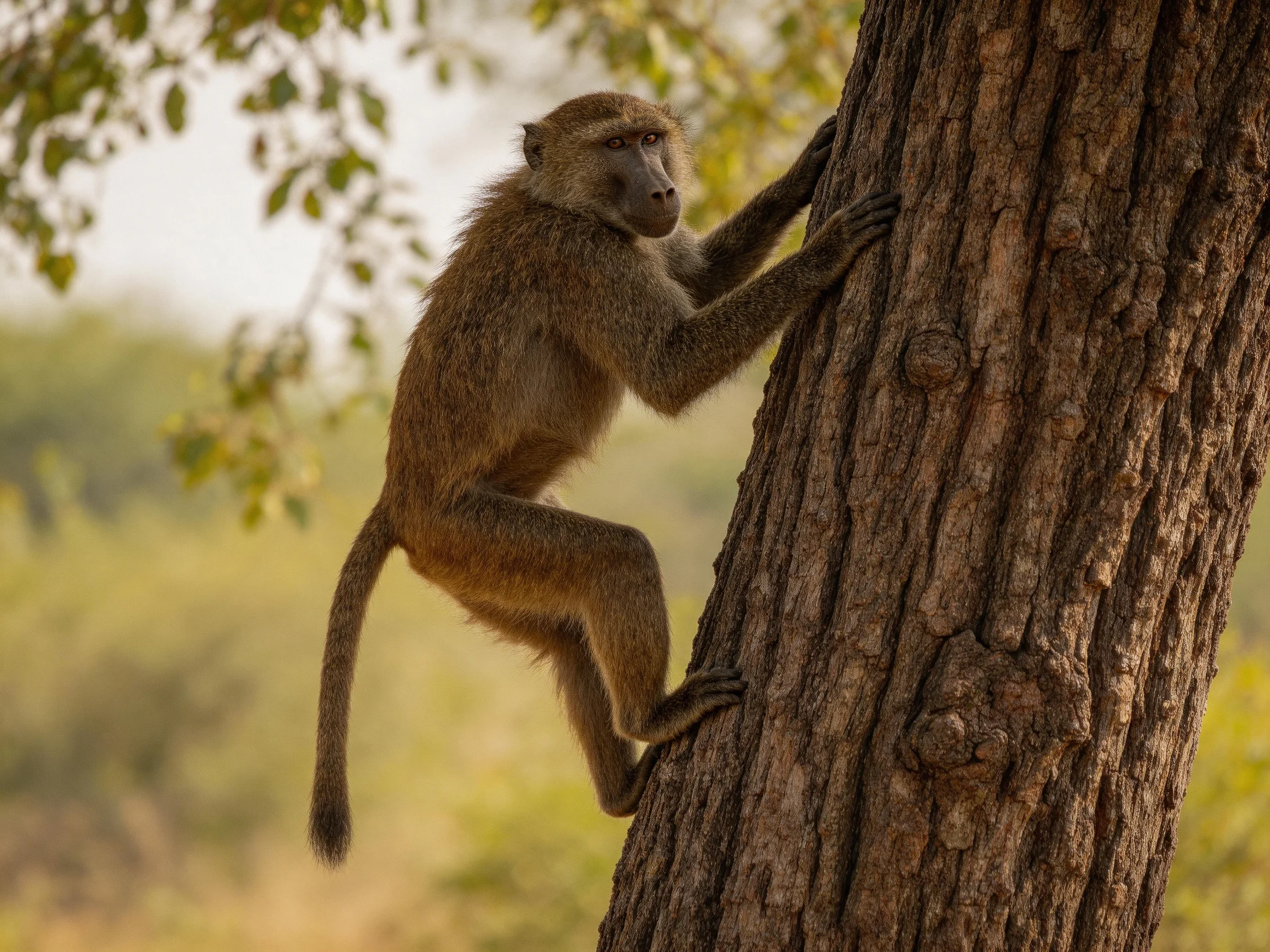A brown monkey climbs a thick, textured tree trunk in a sunlit landscape