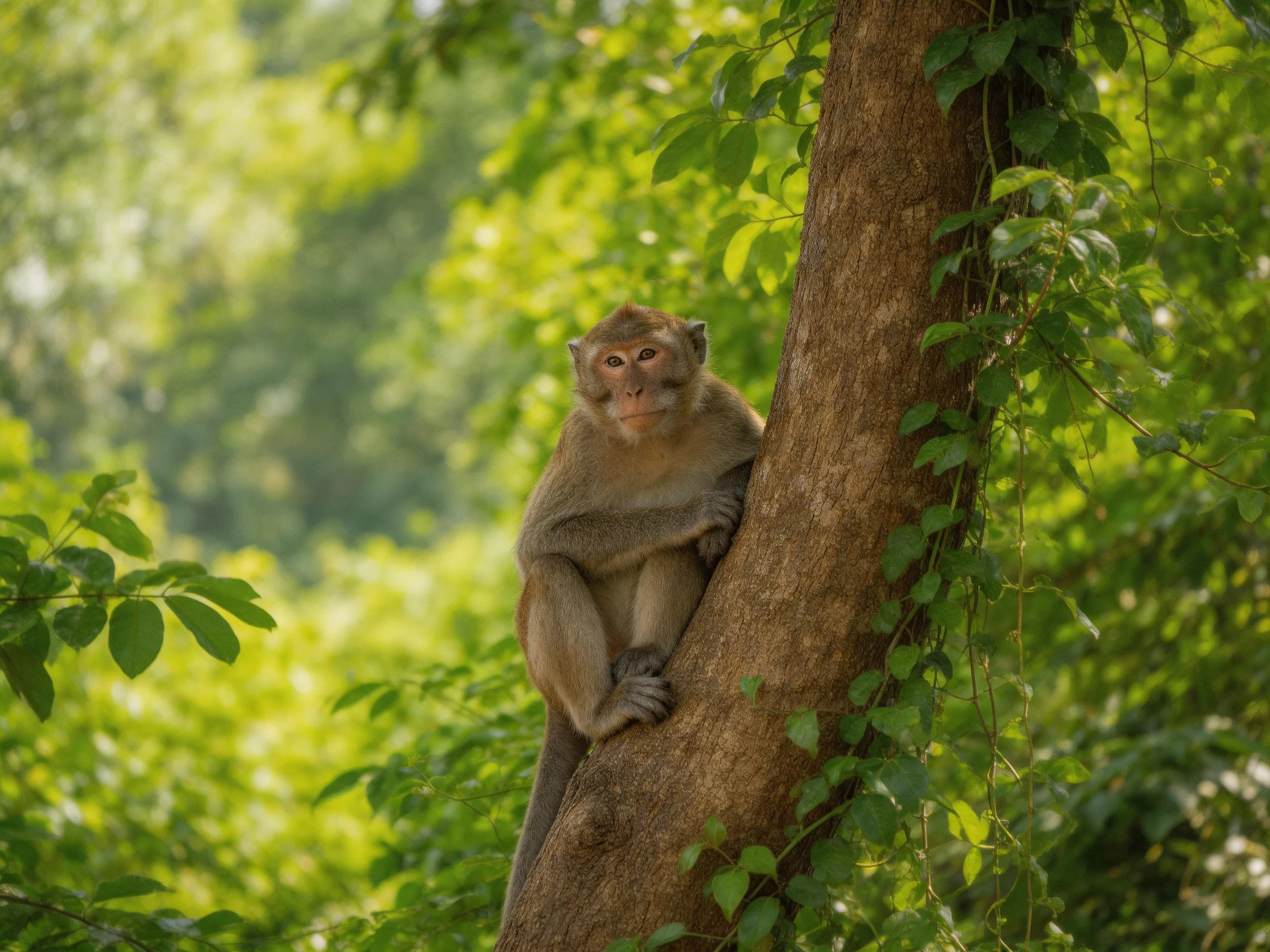 A brown monkey clings to a thick tree trunk amid lush green foliage