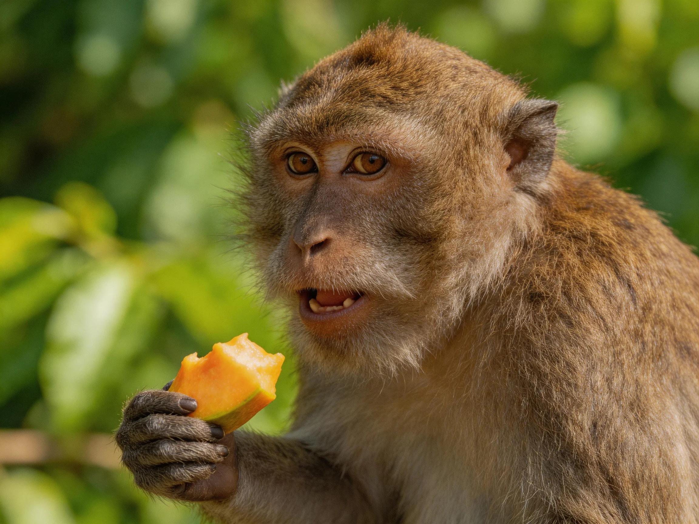 A brown monkey eating orange fruit amid lush green foliage