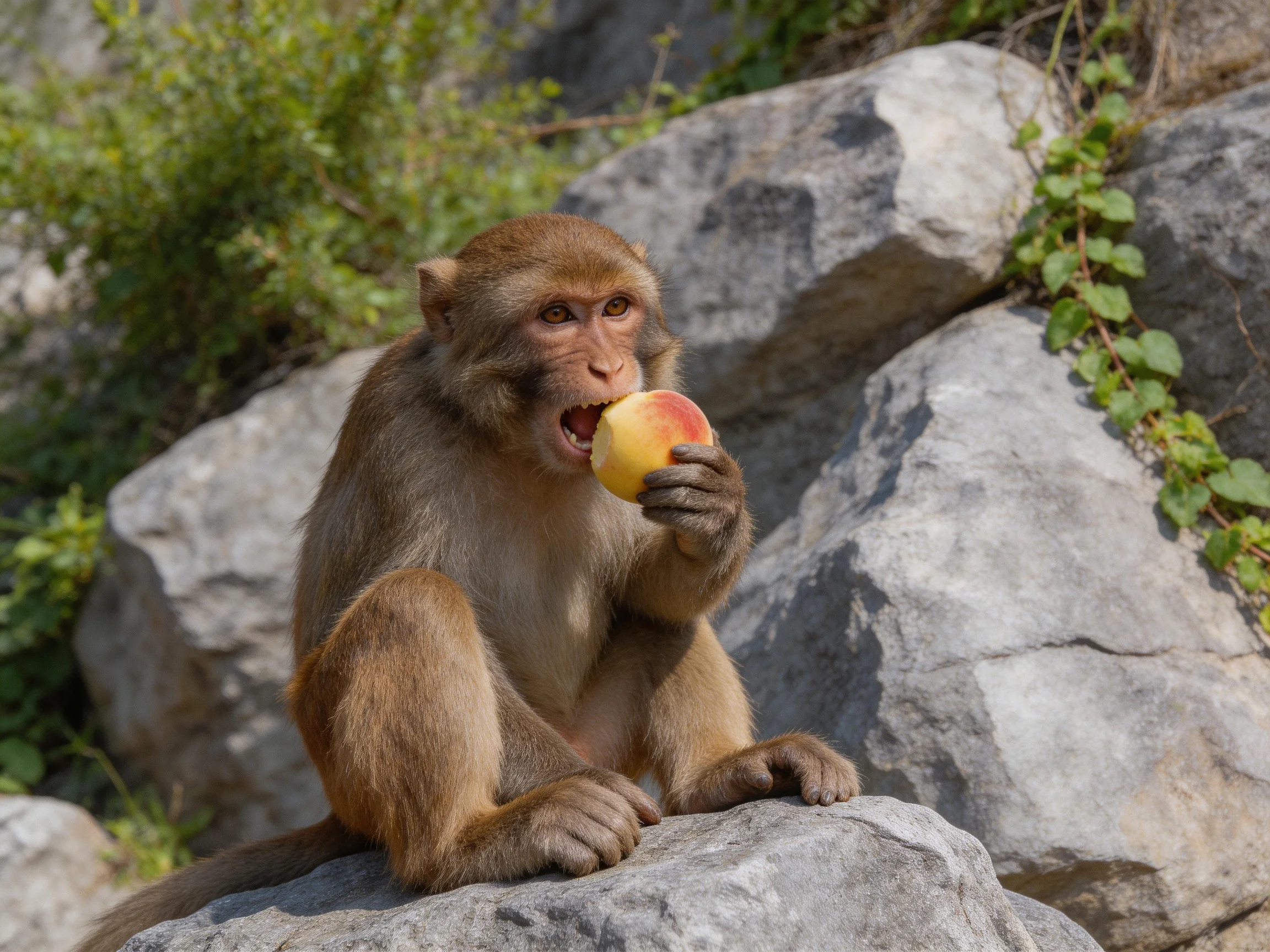 A brown monkey eats a yellow-red fruit among large gray rocks