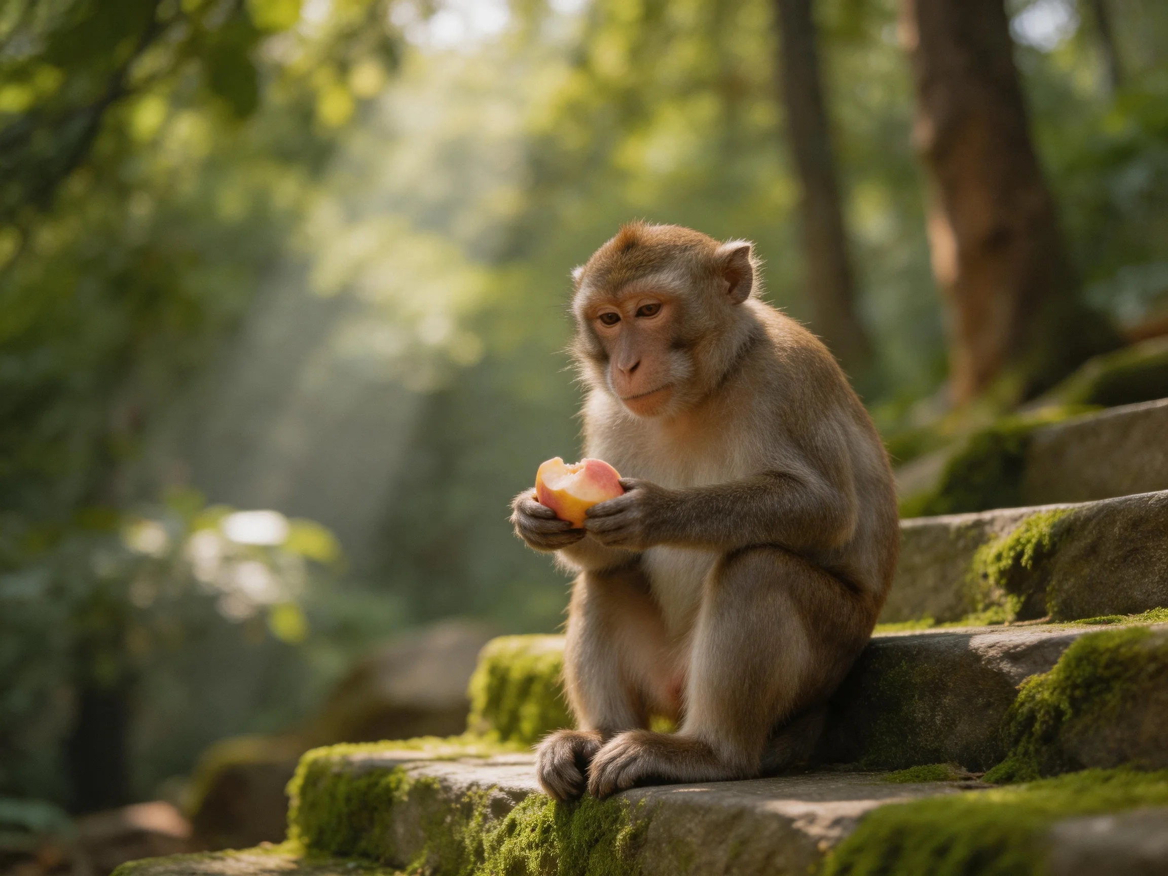 A brown monkey eats fruit on mossy stone steps in a sunlit forest