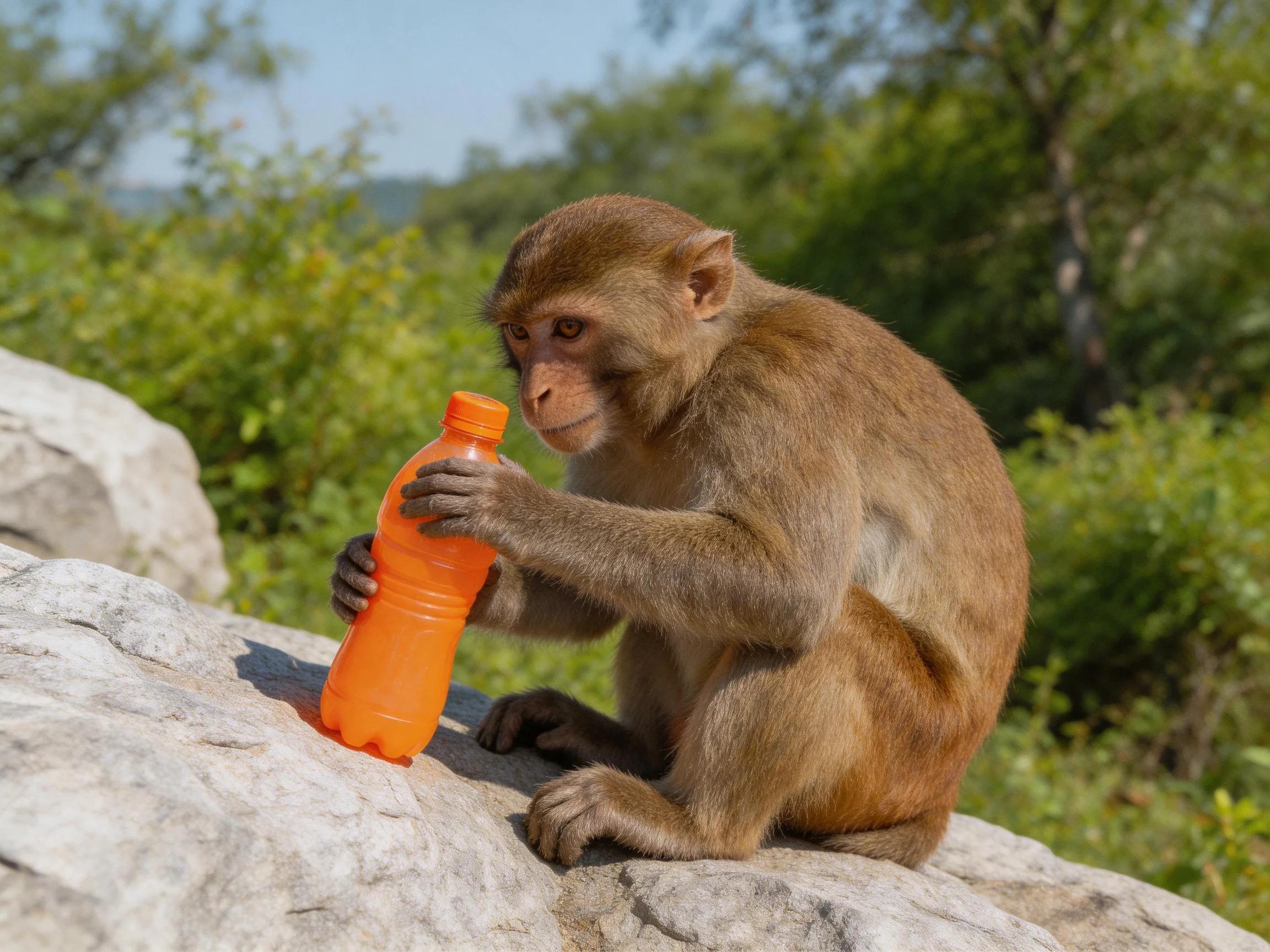 A brown monkey examines an orange plastic bottle on a large rock