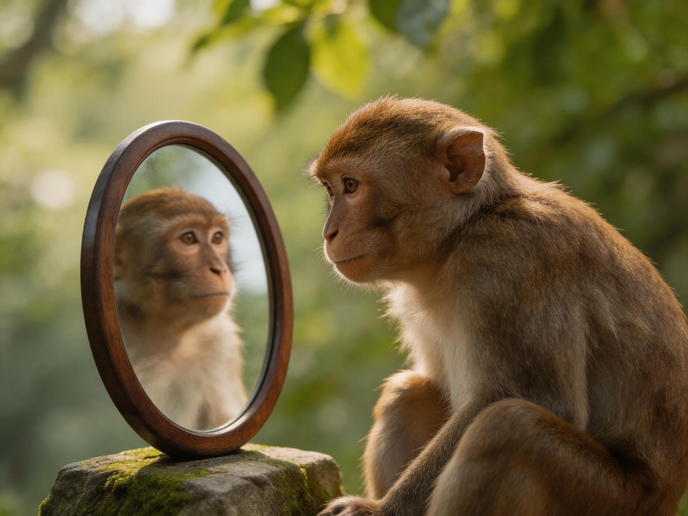 A brown monkey gazes into a round wooden-framed mirror in nature