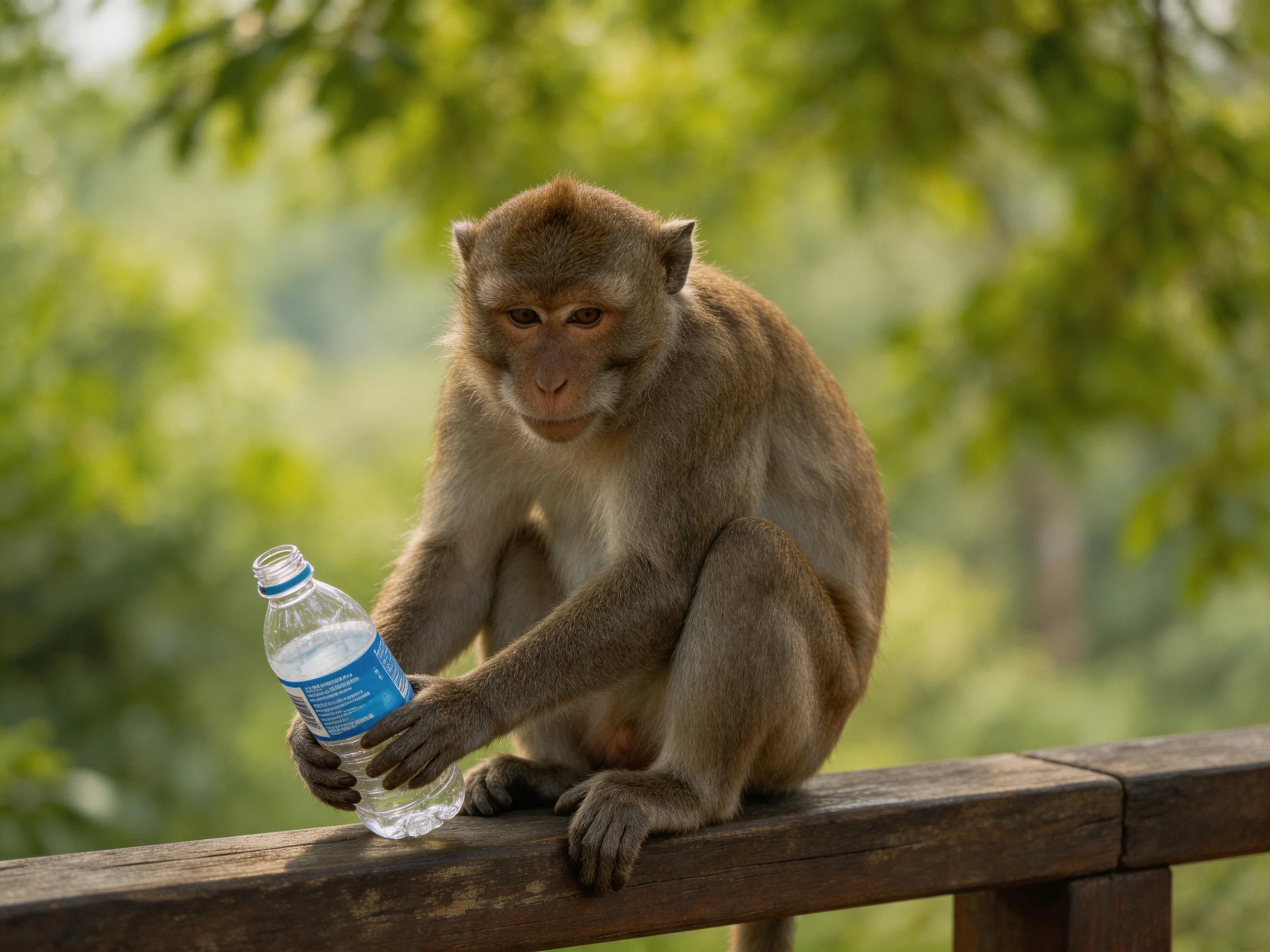 A brown monkey holding a clear water bottle on a wooden railing
