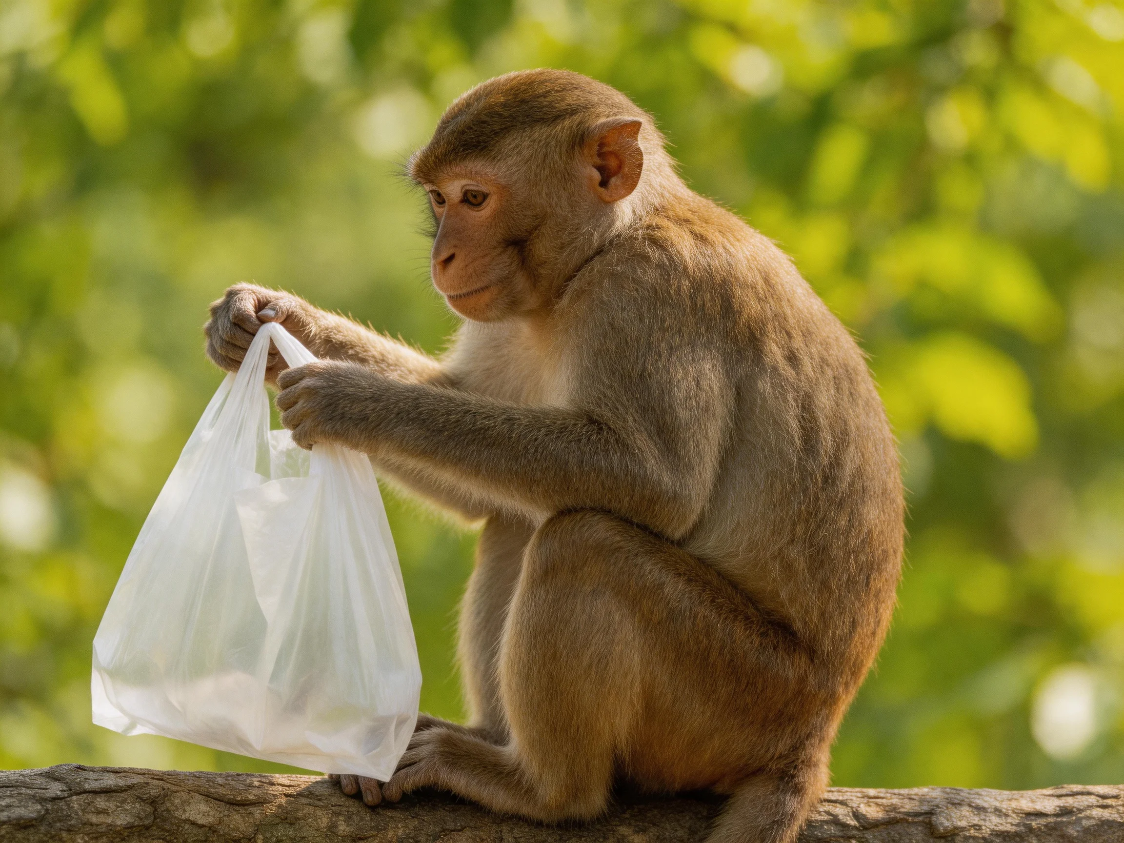 A brown monkey holding a white plastic bag on a tree branch