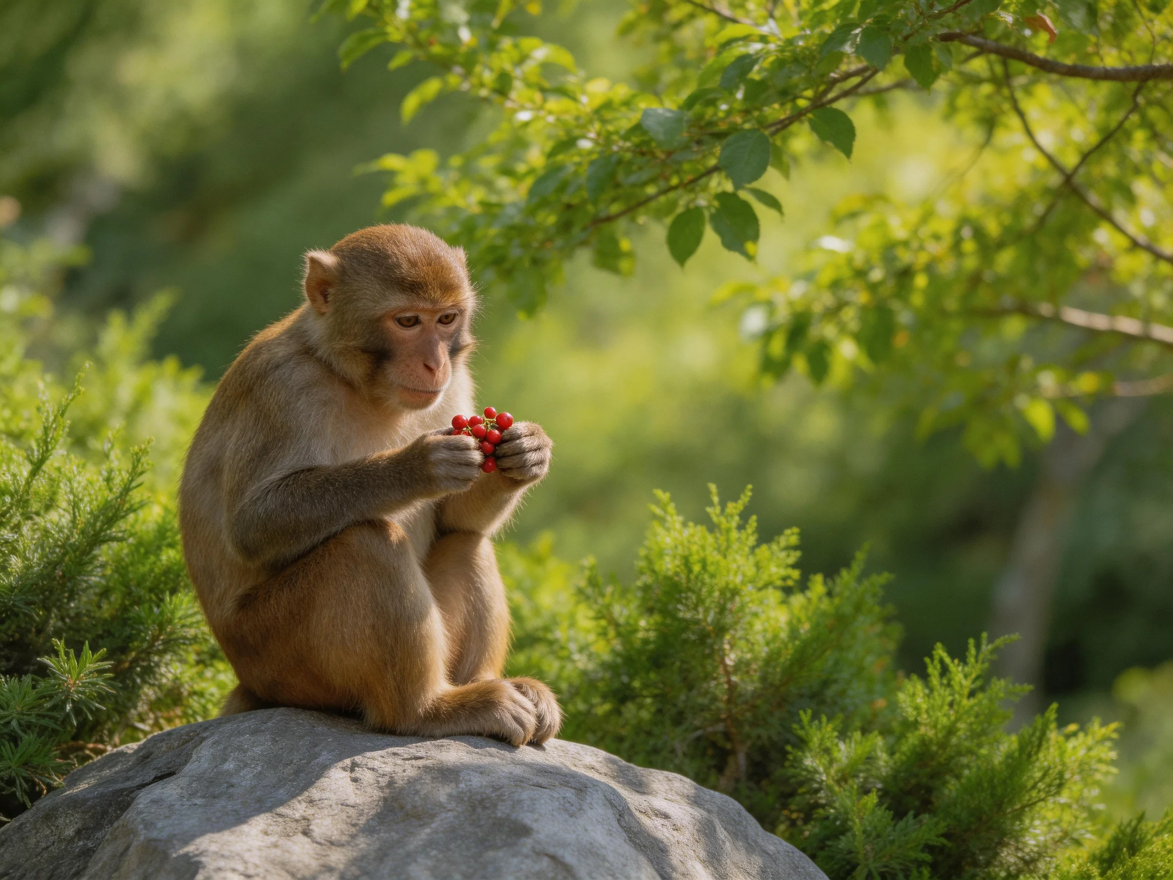 A brown monkey holding red berries sits on a gray rock amid lush green foliage