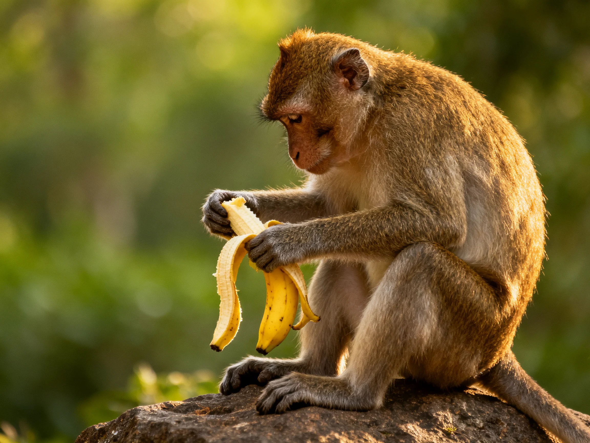 A monkey peels a banana on a rock amid green surroundings