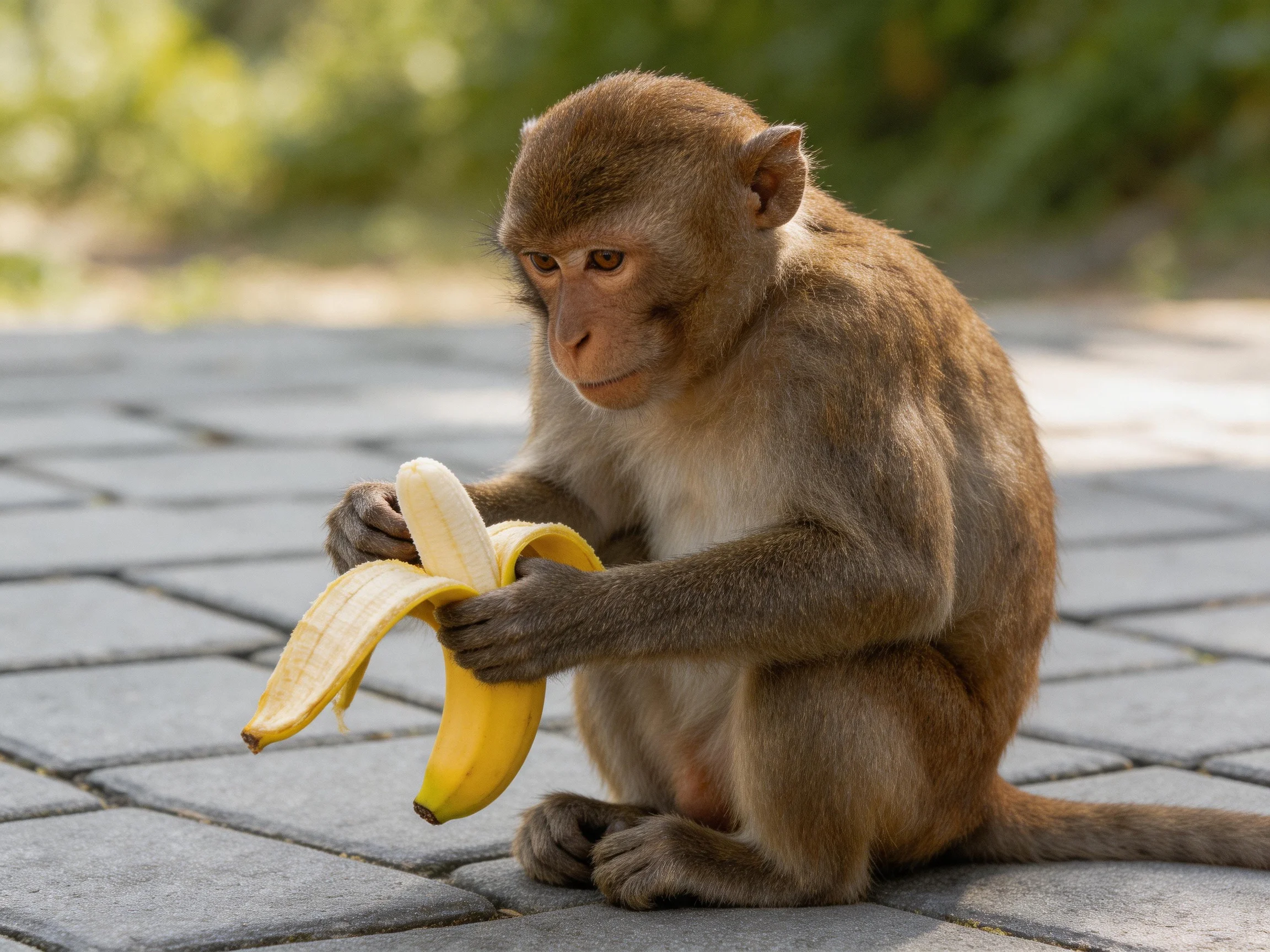 A brown monkey peels a banana on a stone pavement.
