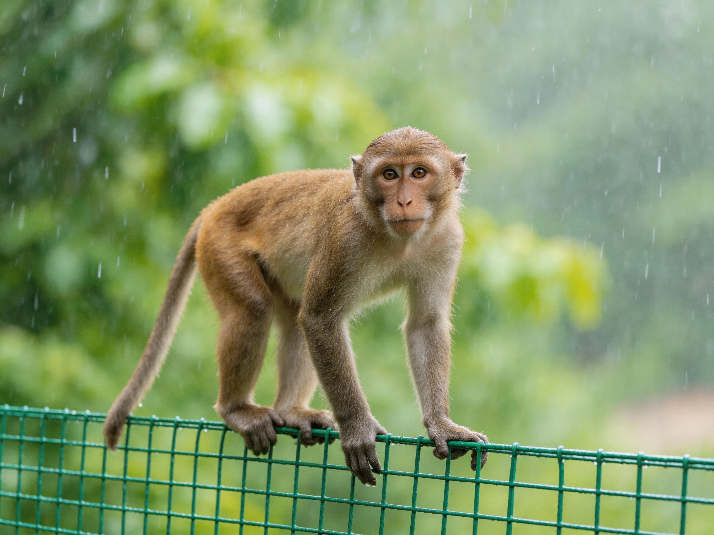 A brown monkey perches on a green fence during rainfall with lush greenery