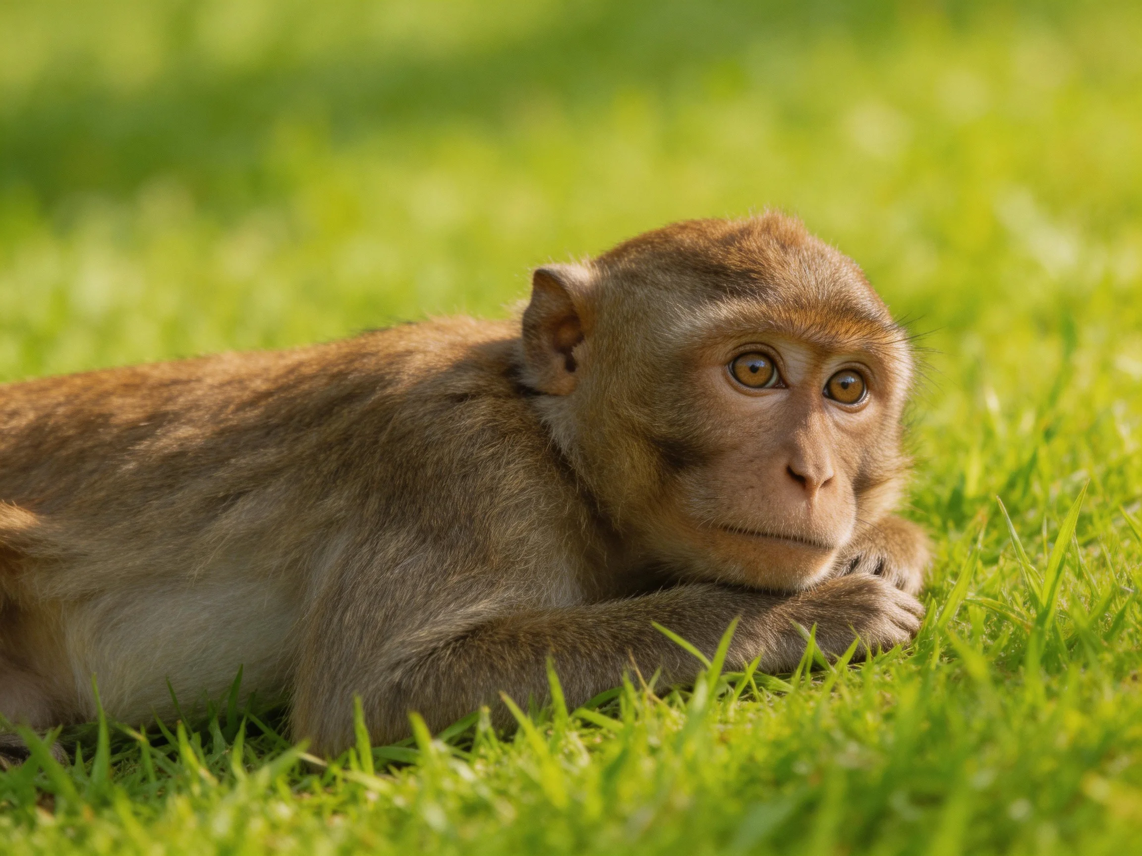 A brown monkey rests on lush green grass in bright sunlight