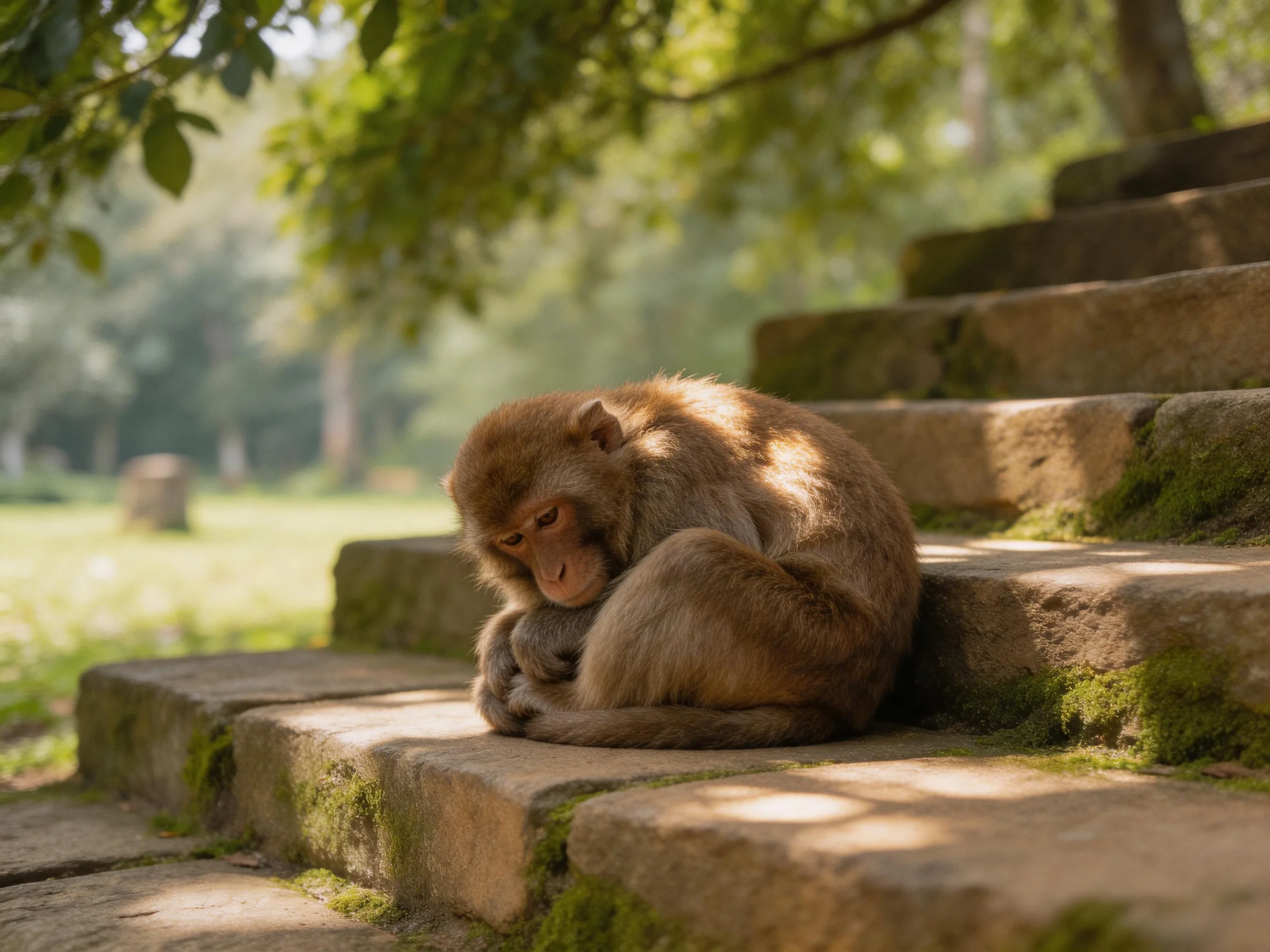 A brown monkey rests on moss-covered stone steps in a sunlit park