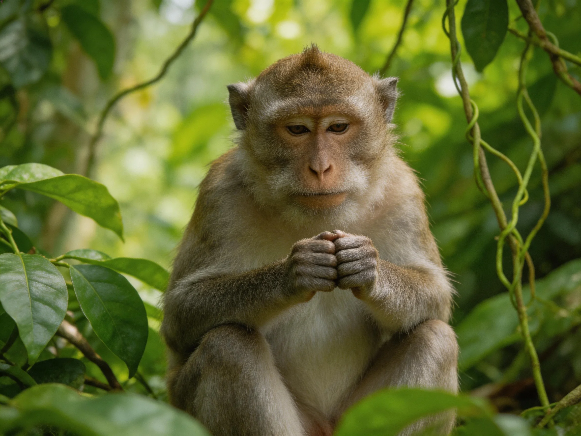 A brown monkey sits amid lush green jungle vegetation
