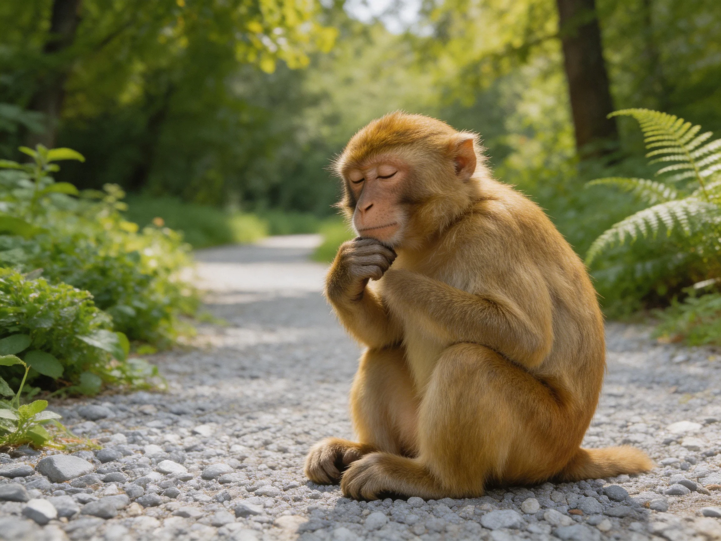 A brown monkey sits thoughtfully on a gravel path surrounded by green foliage