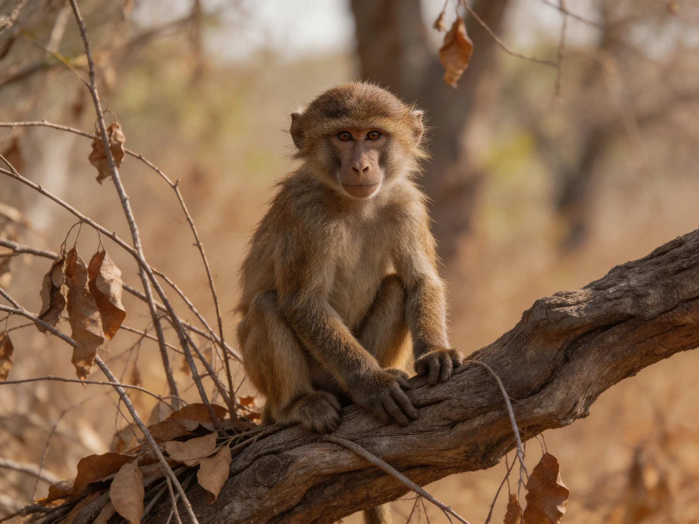 A brown monkey sits on a tree branch in a dry, leafy environment.