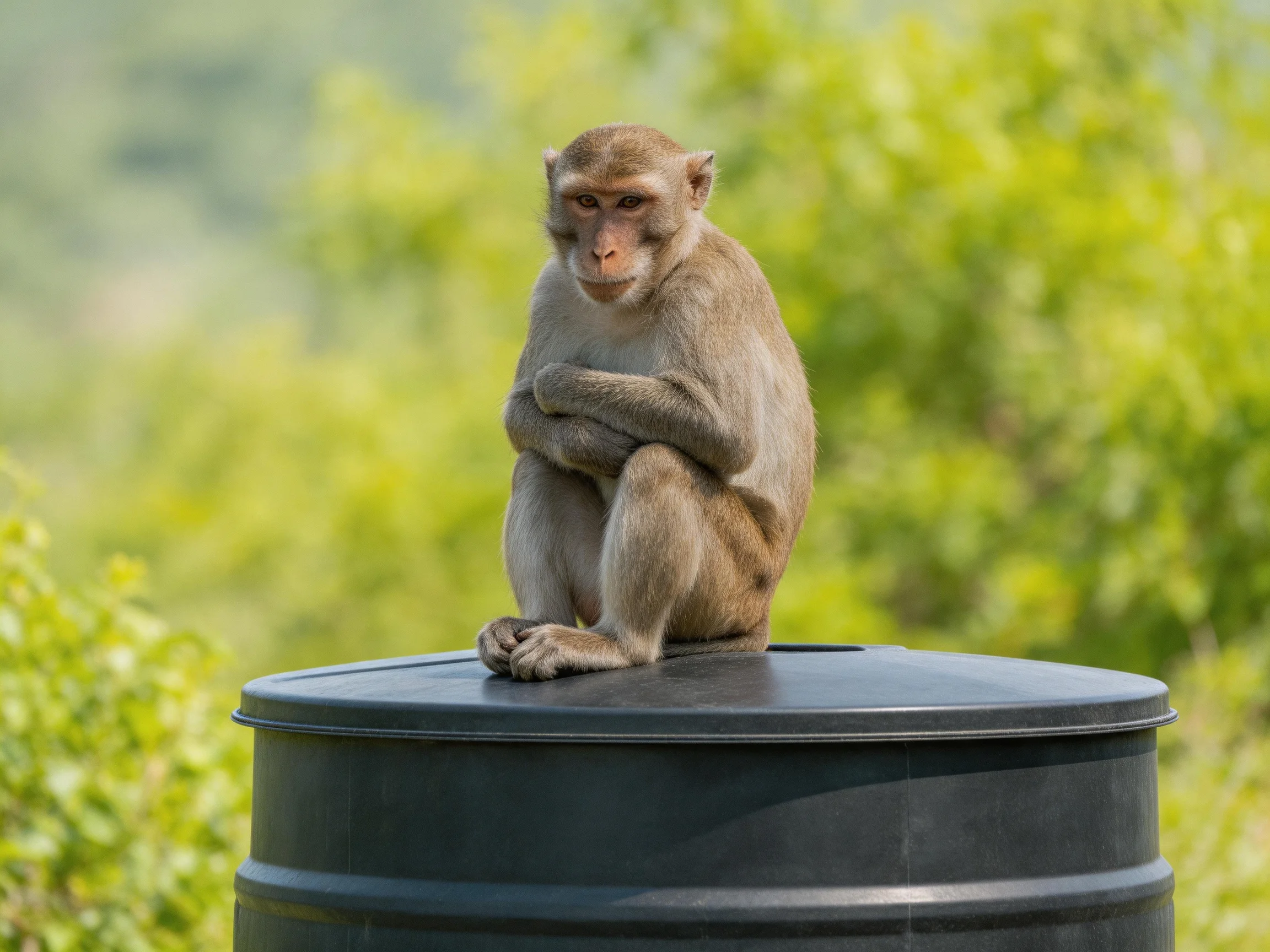 A brown monkey sits on a large black barrel amid lush green foliage