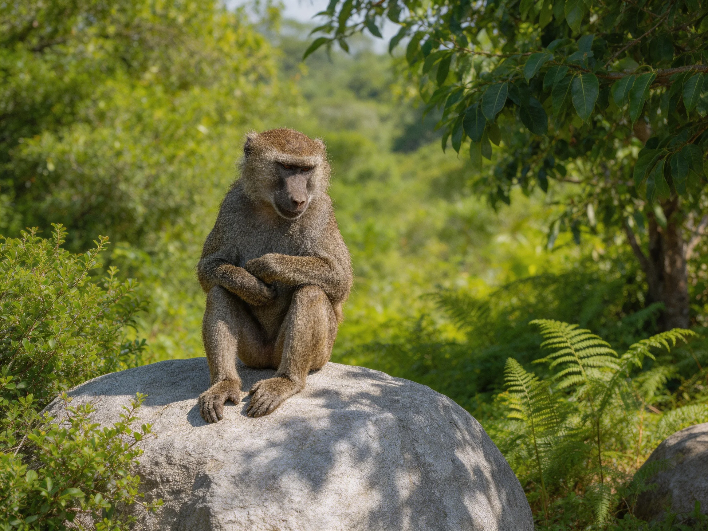 A brown monkey sits on a large gray rock amid lush green vegetation