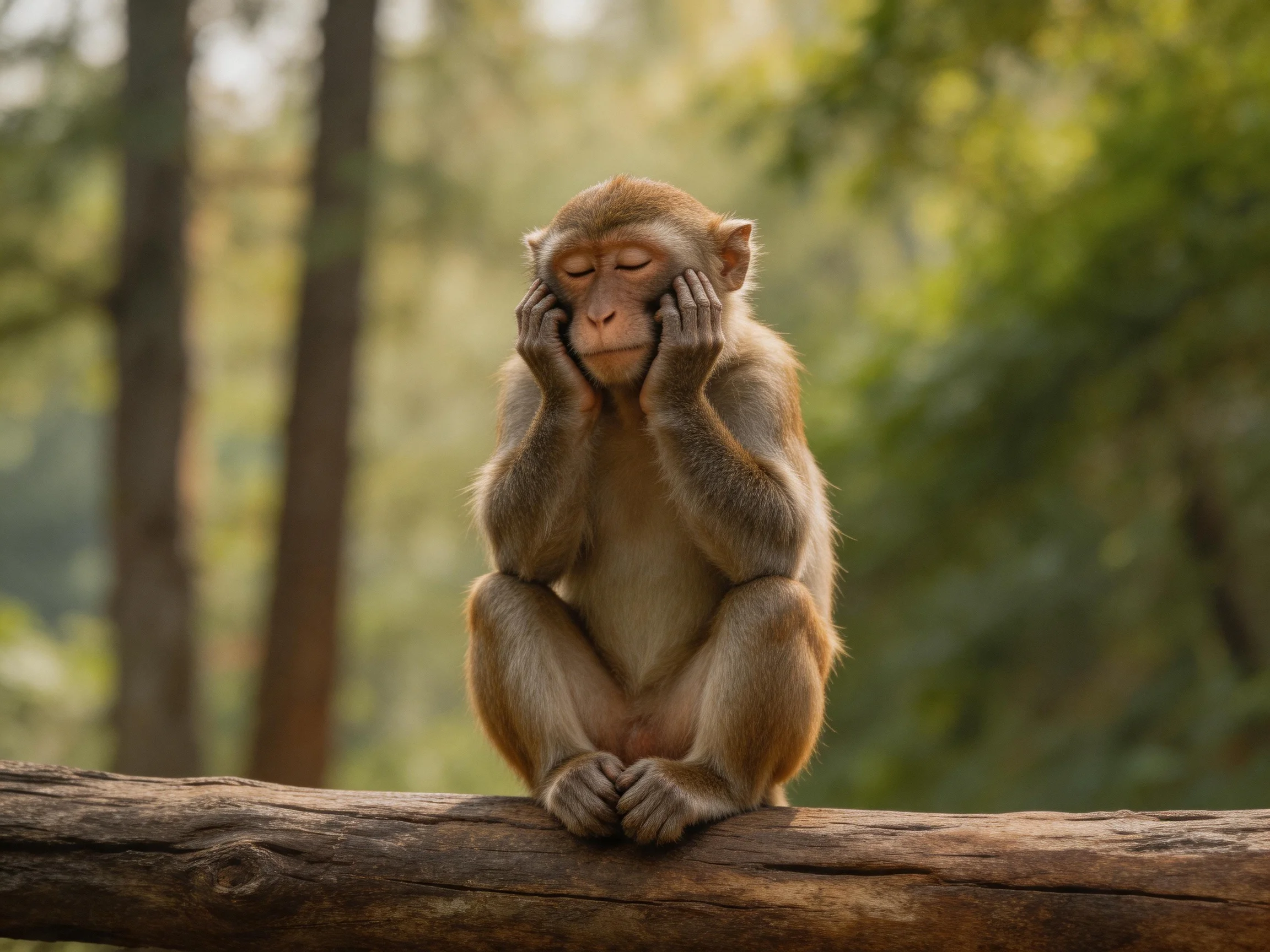 A monkey sits thoughtfully on a wooden log in a forest.