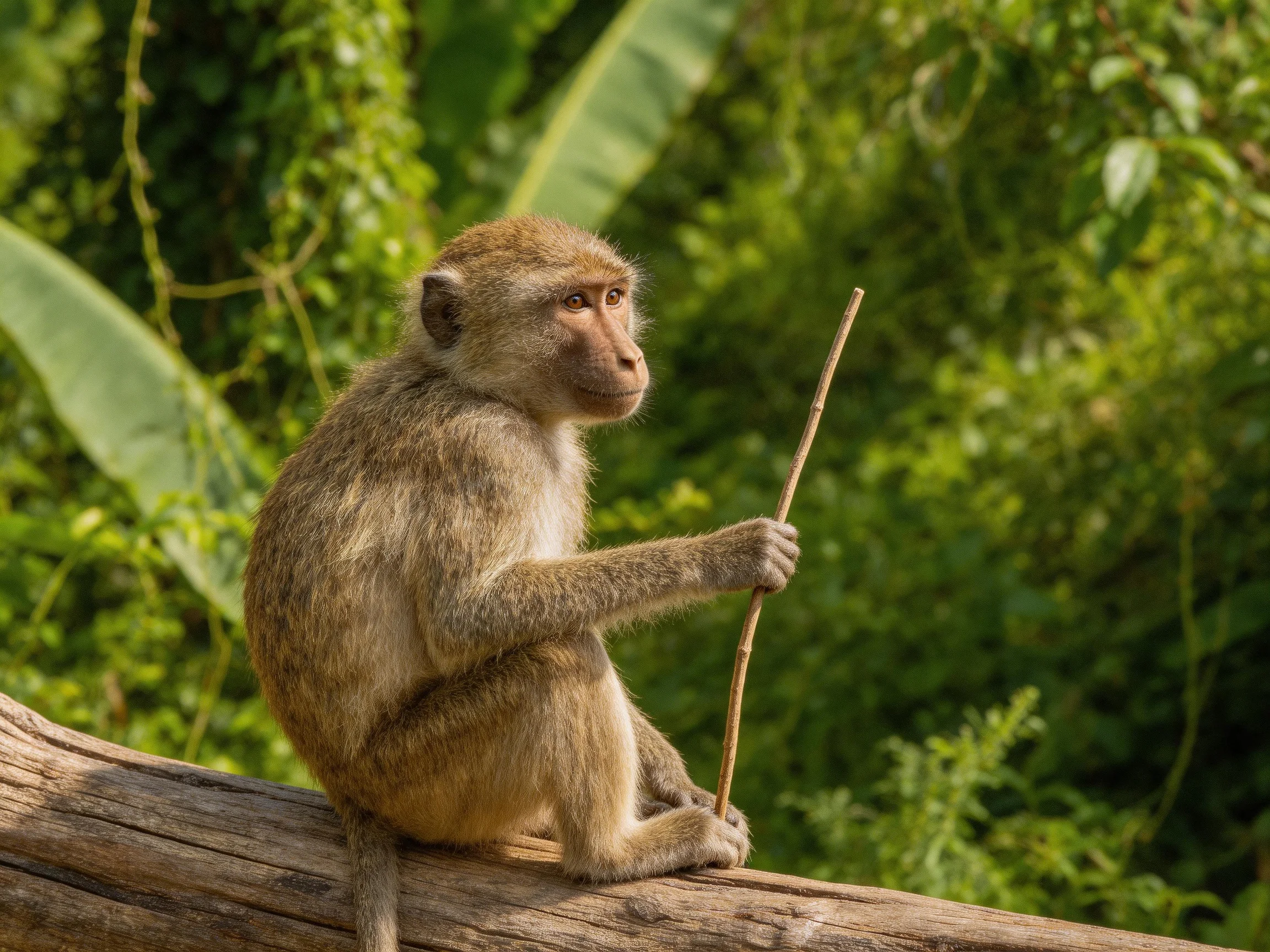 A brown monkey sits on a log holding a thin stick amid lush green foliage