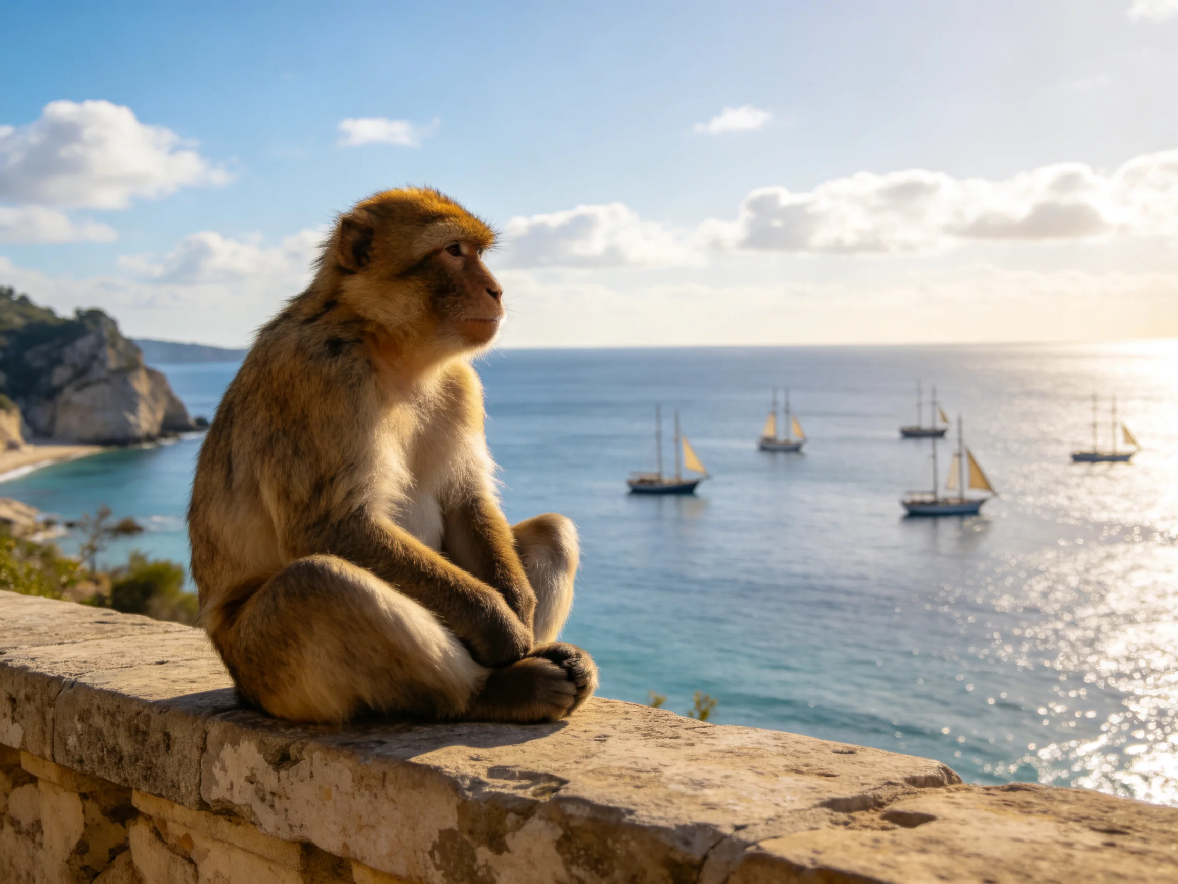 A brown monkey sits on a stone wall overlooking sailboats by the sea