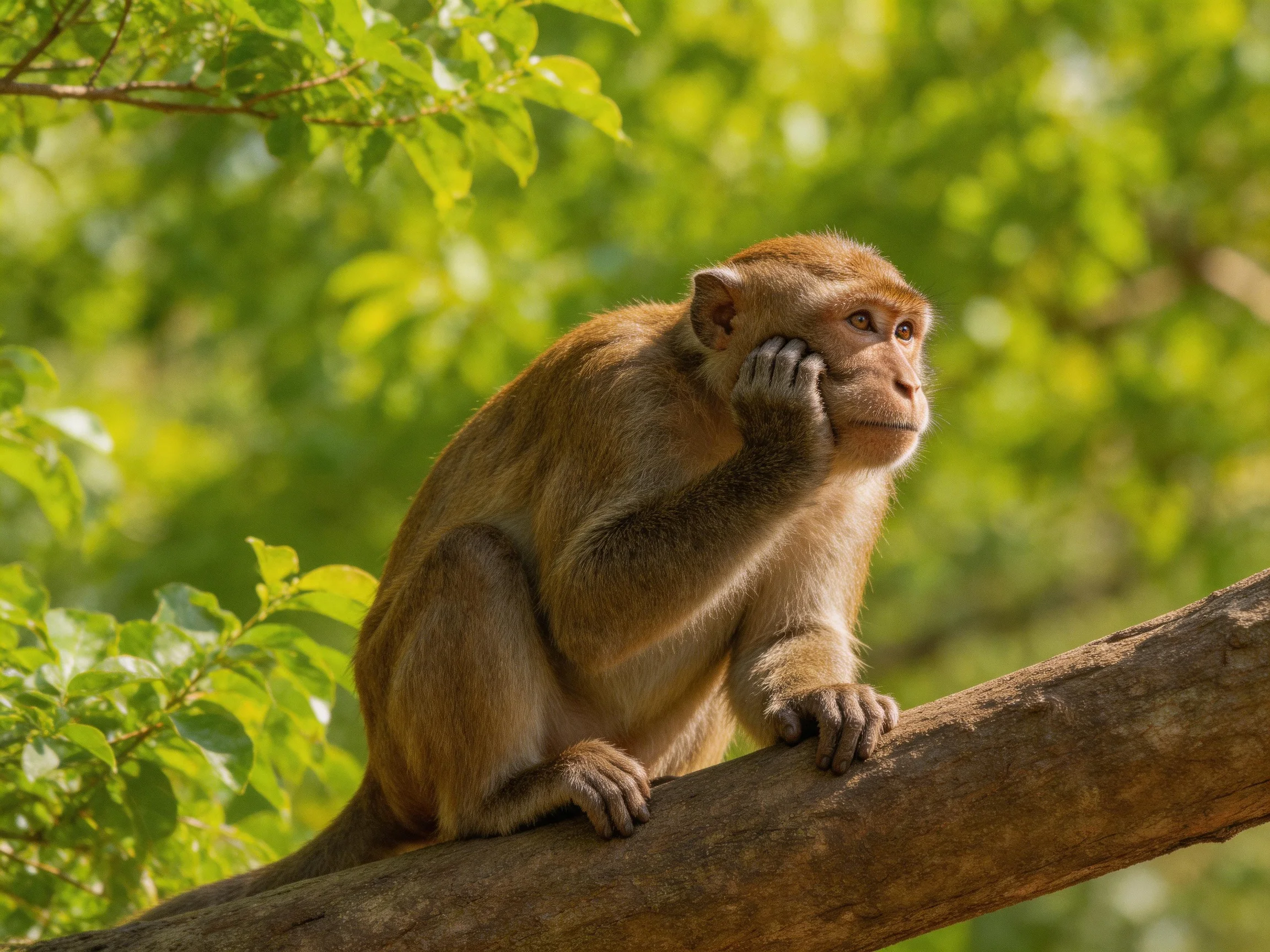 A brown monkey sits thoughtfully on a tree branch amid green foliage