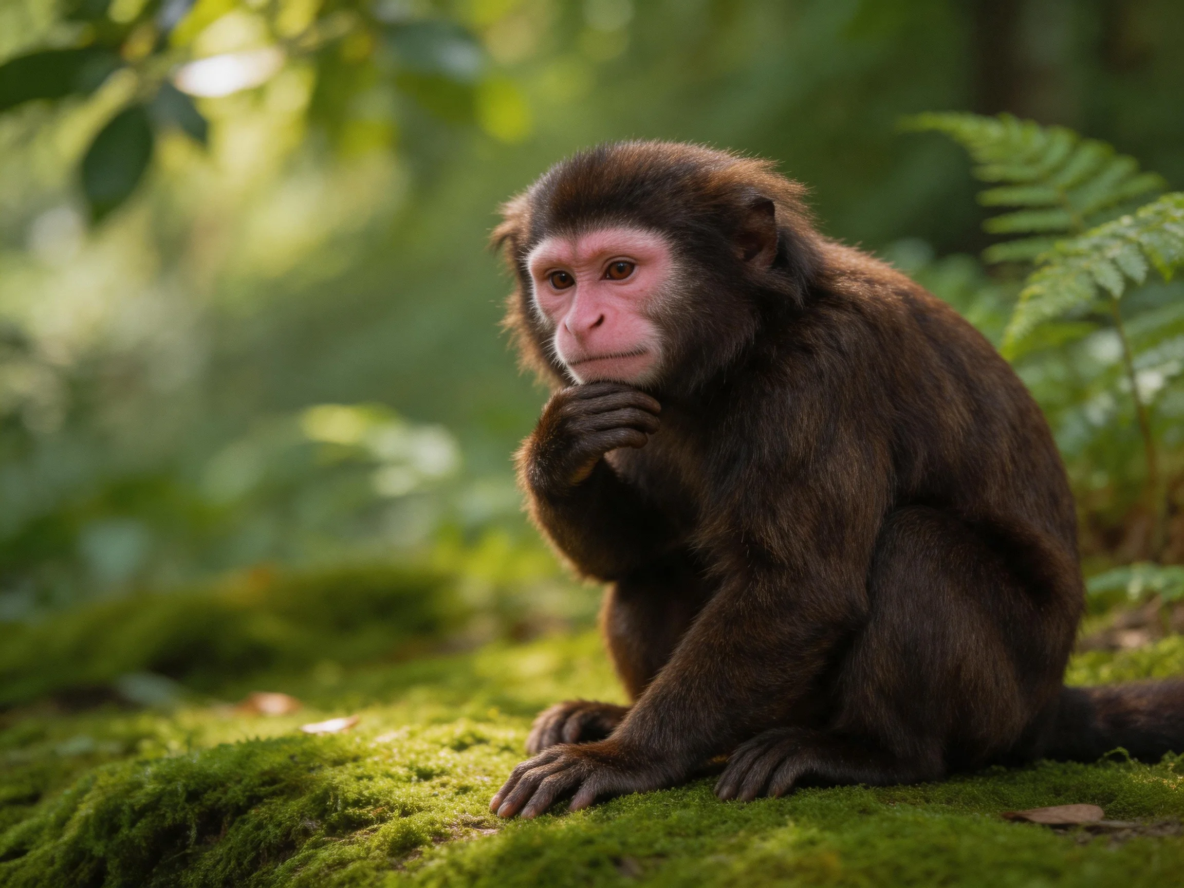 A brown monkey sits thoughtfully on mossy forest ground