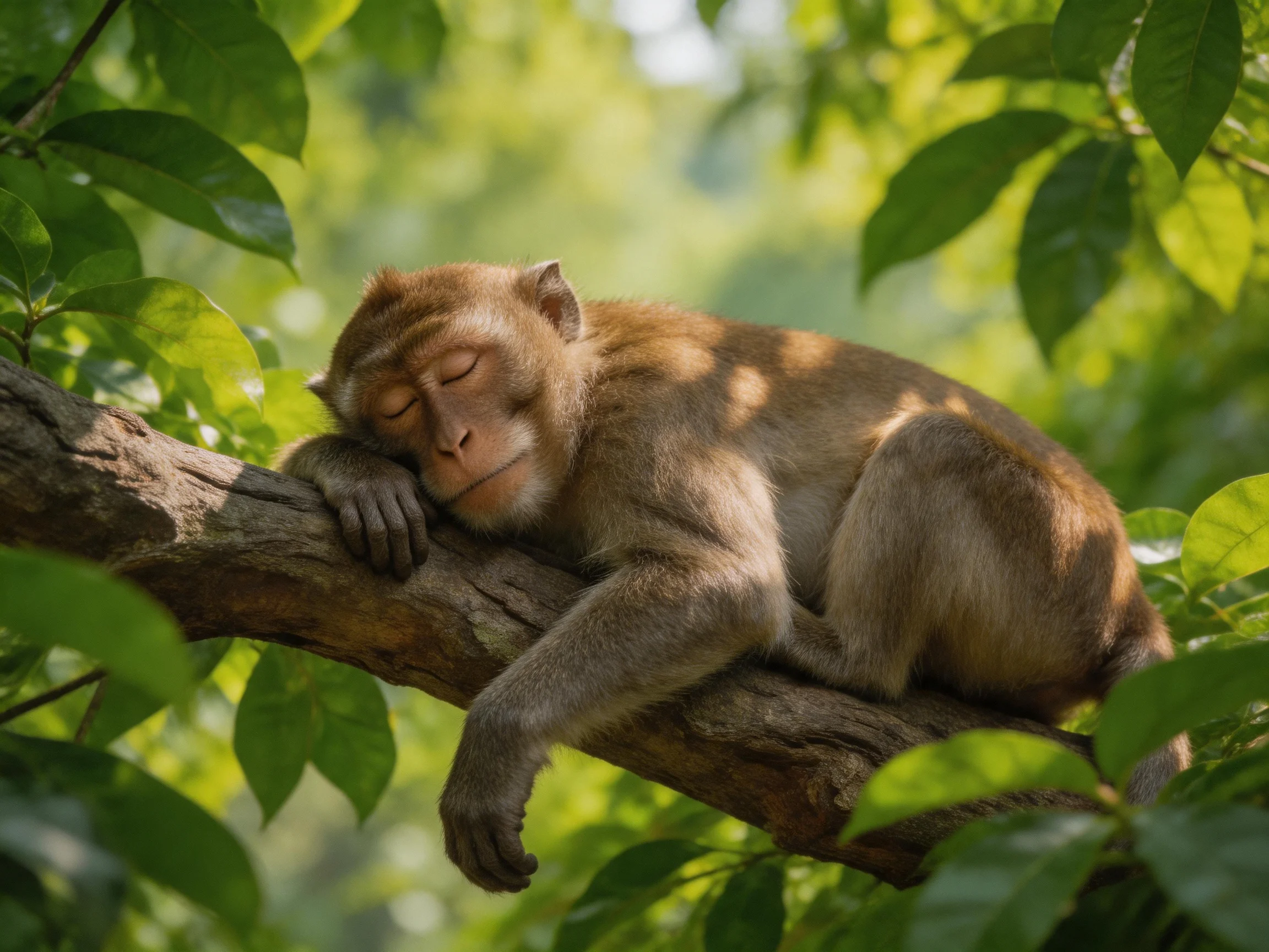 A brown monkey sleeps peacefully on a gnarled tree branch amid lush green foliage