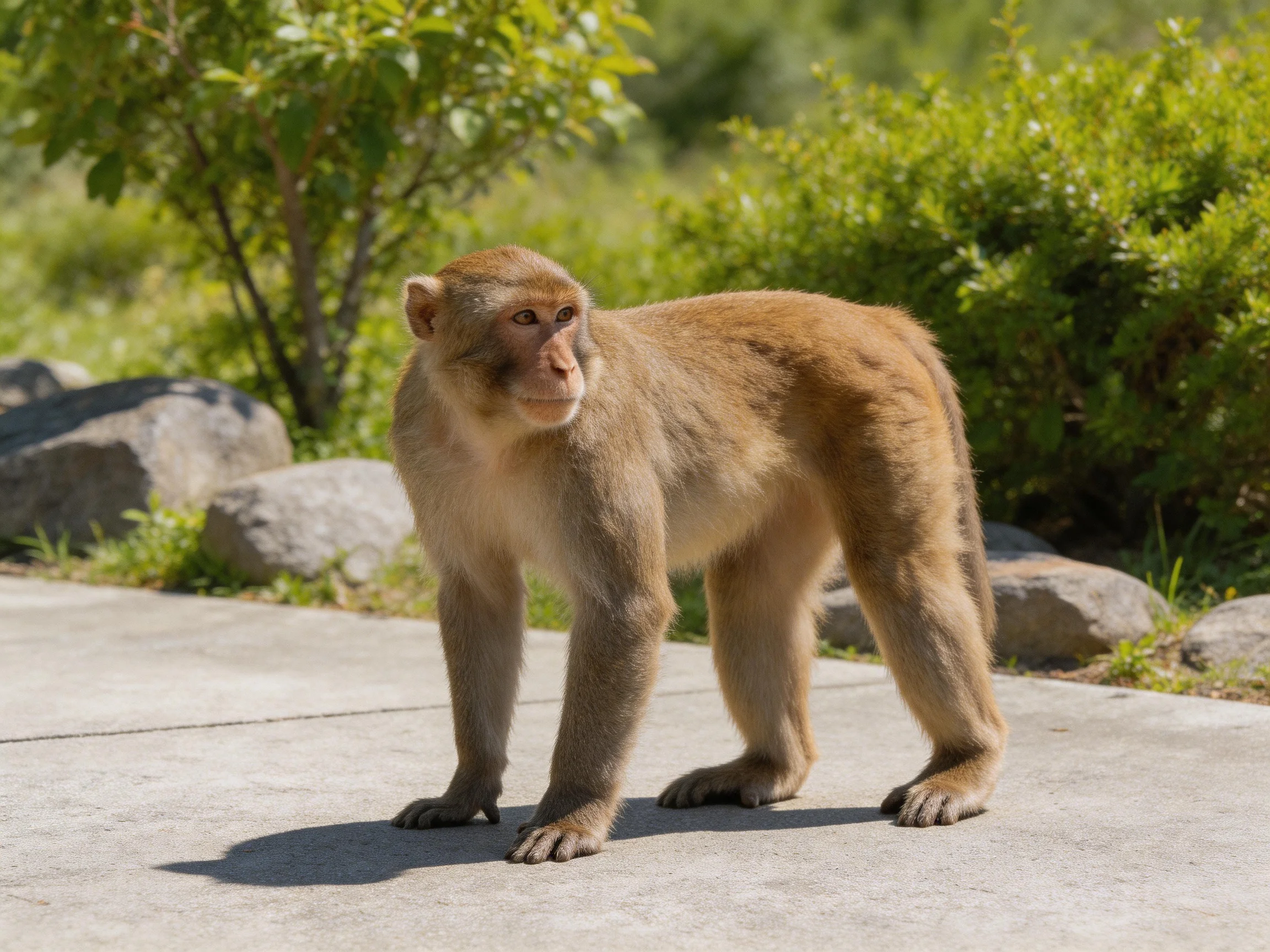 A brown monkey stands on a concrete path amid green foliage