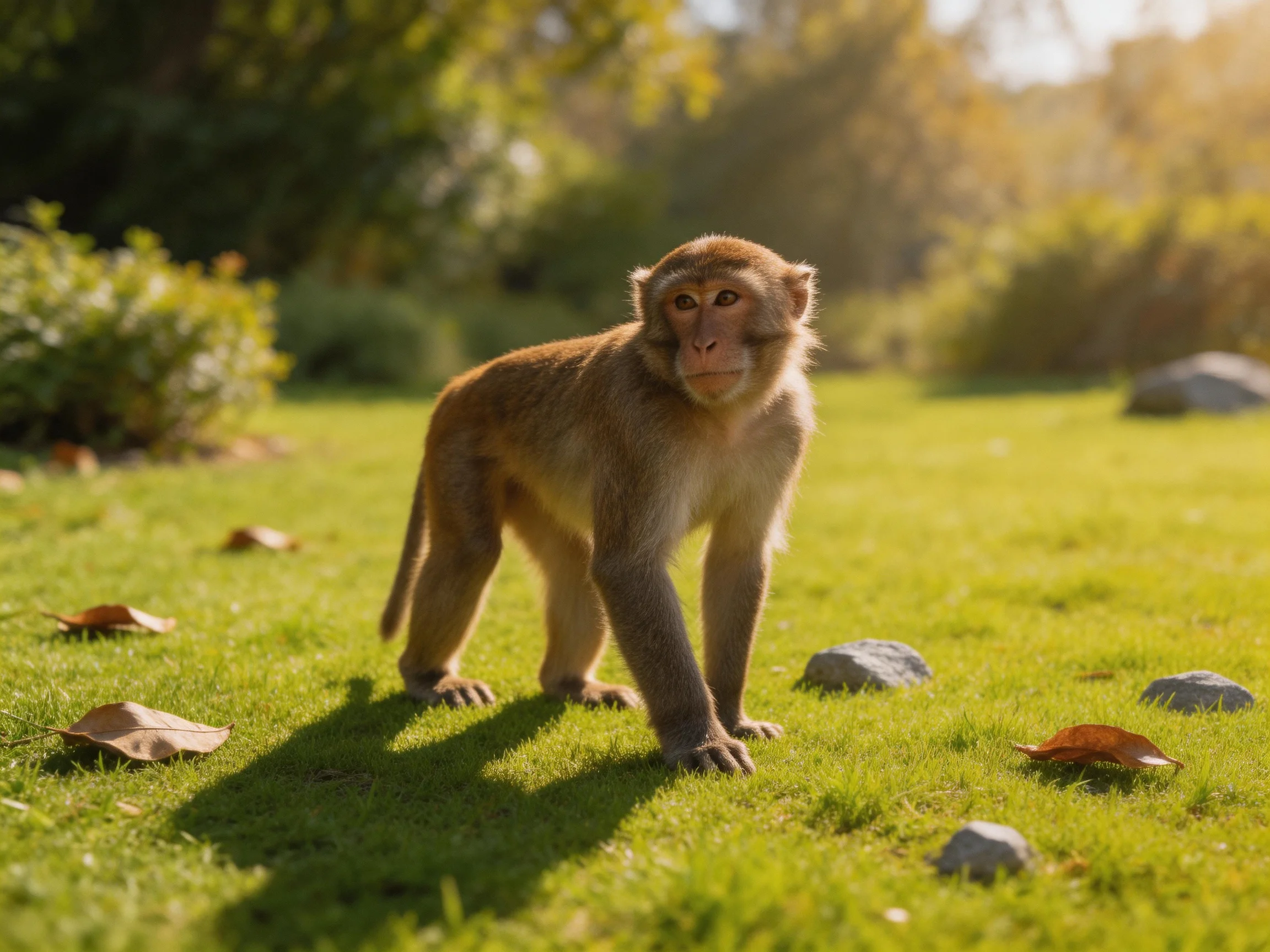 A brown monkey moves across a sunlit grassy area with rocks and fallen leaves.