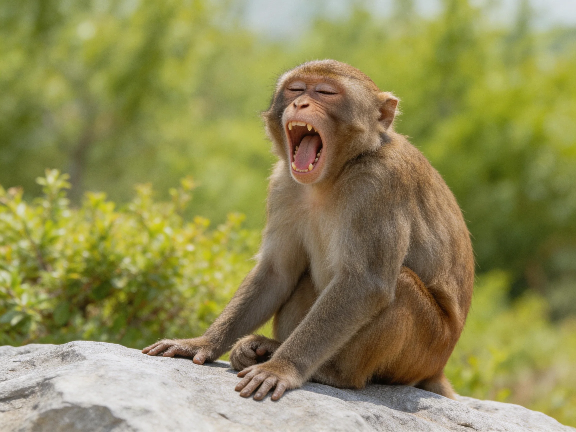 A brown monkey yawning on a large gray rock among green plants