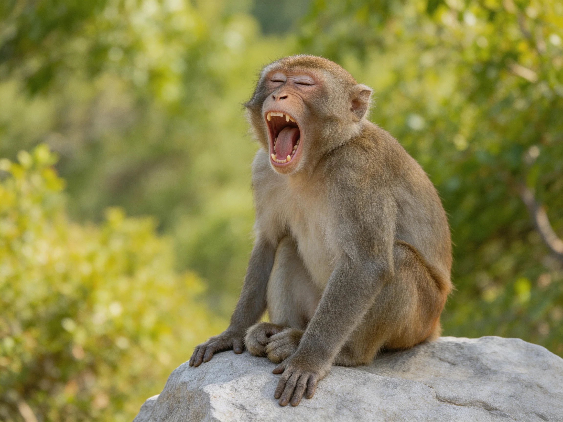 A brown monkey yawning while sitting on a large gray rock among green trees