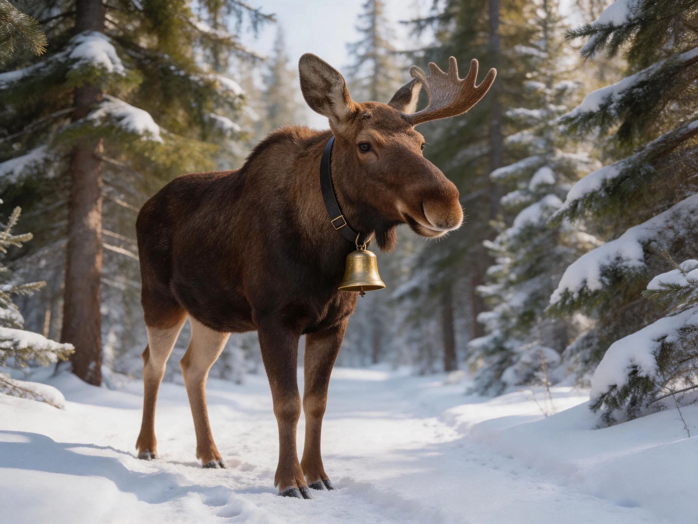 A moose with antlers and a bell walks through a snowy forest path.
