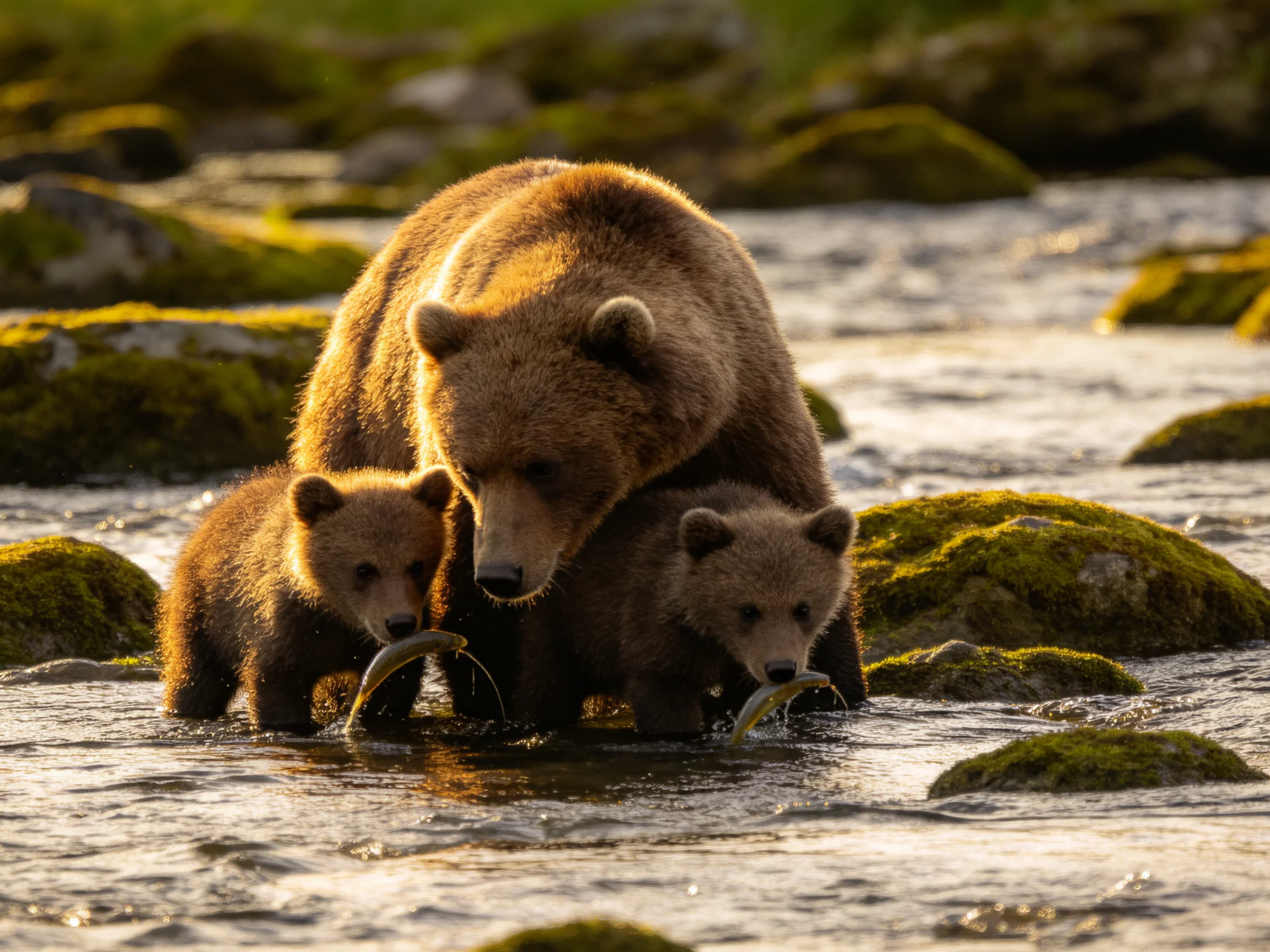 A brown mother bear and two cubs catch fish in a rocky stream