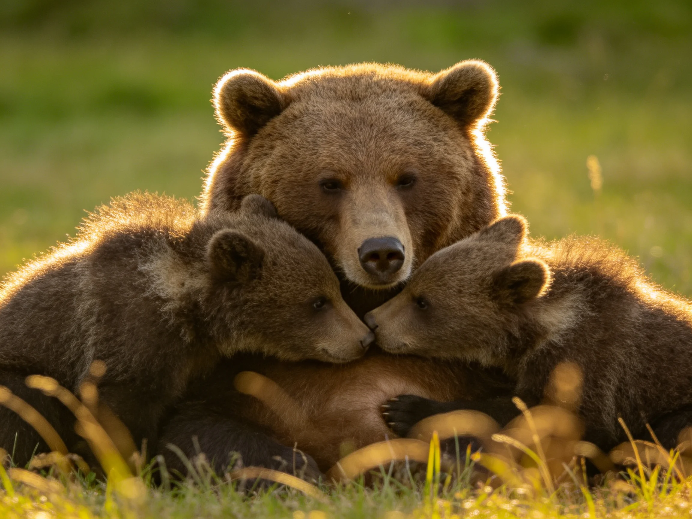 A brown mother bear cuddles her two cubs in golden grass