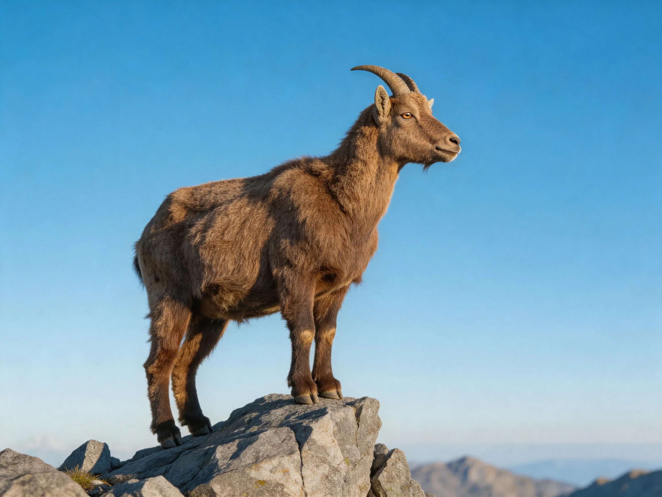 A brown mountain goat stands on a rocky peak beneath a clear blue sky.