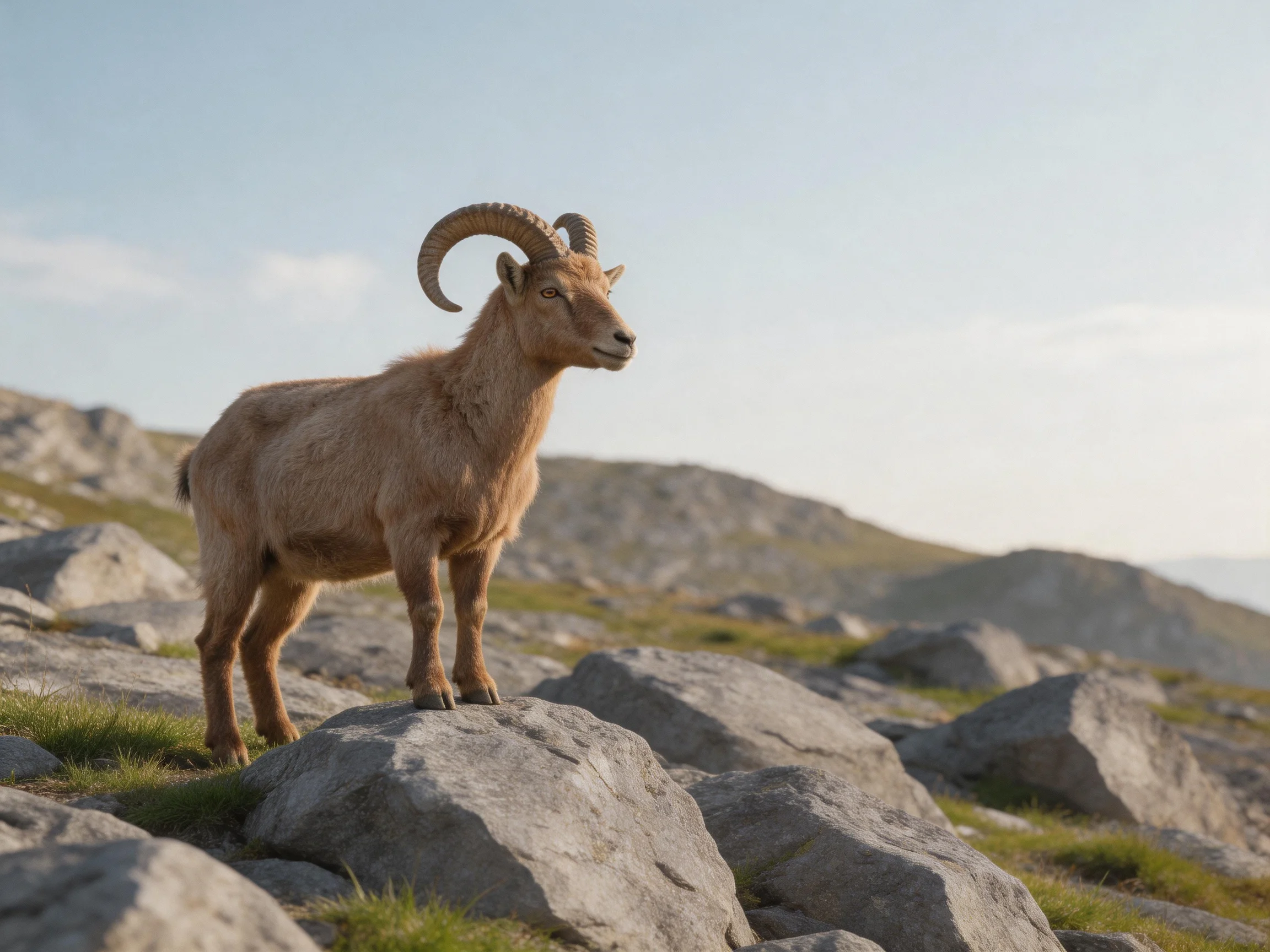 A brown mountain goat stands on large gray rocks in rocky terrain