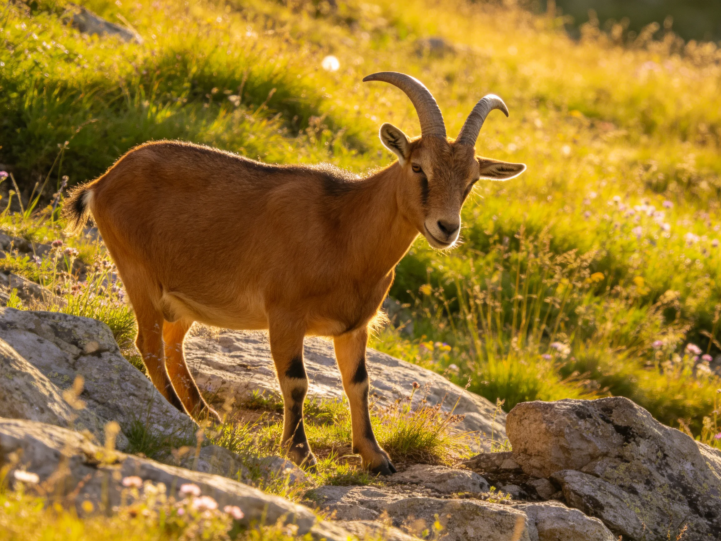 A brown mountain goat stands on rocky terrain amid golden grass