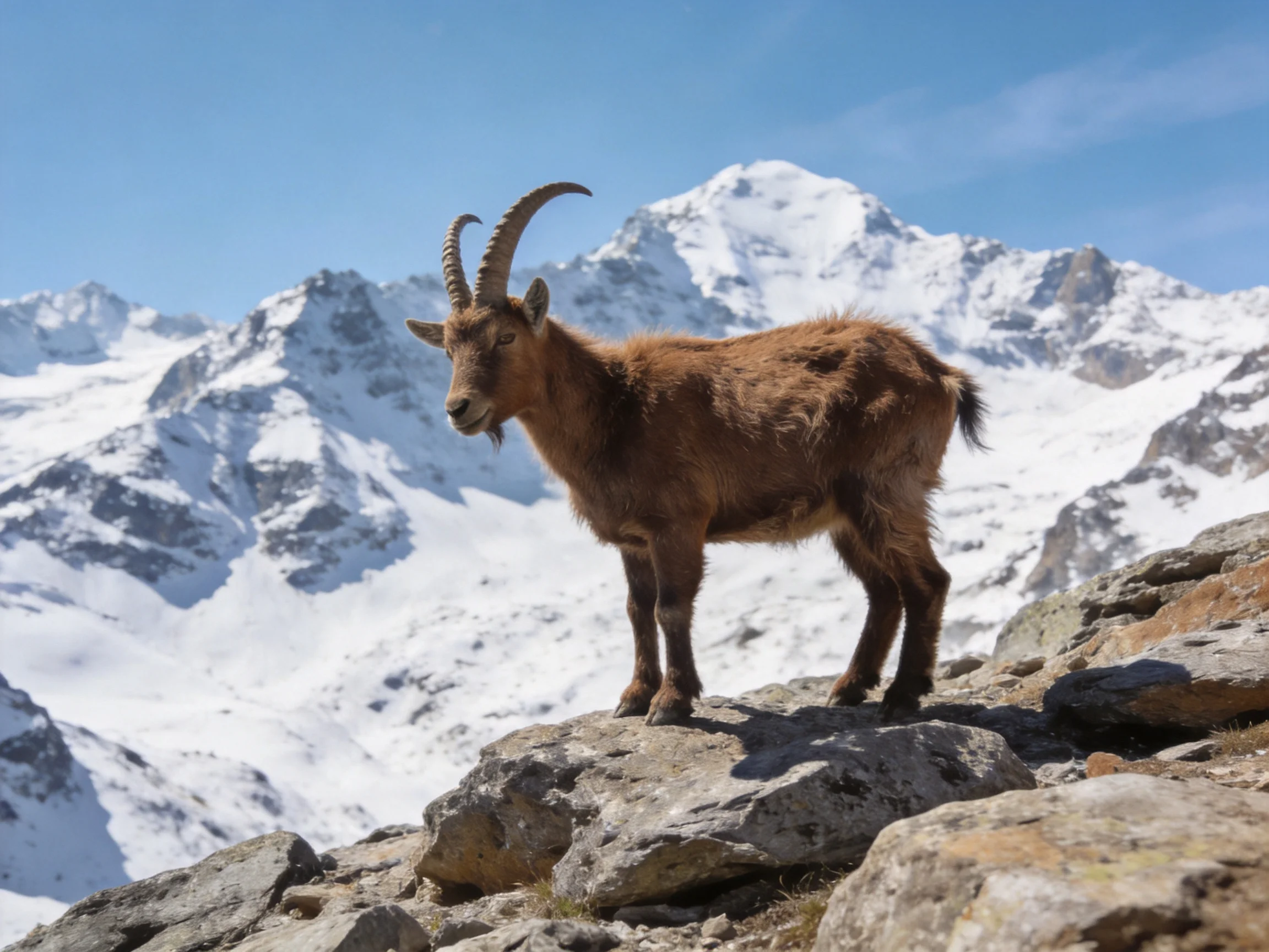 A brown mountain goat stands on rocky terrain with snow-capped peaks