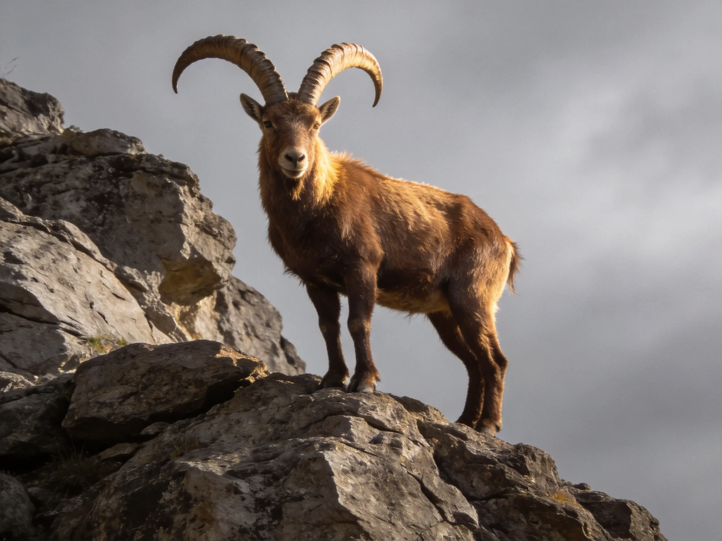 A brown mountain goat stands on rocky terrain under