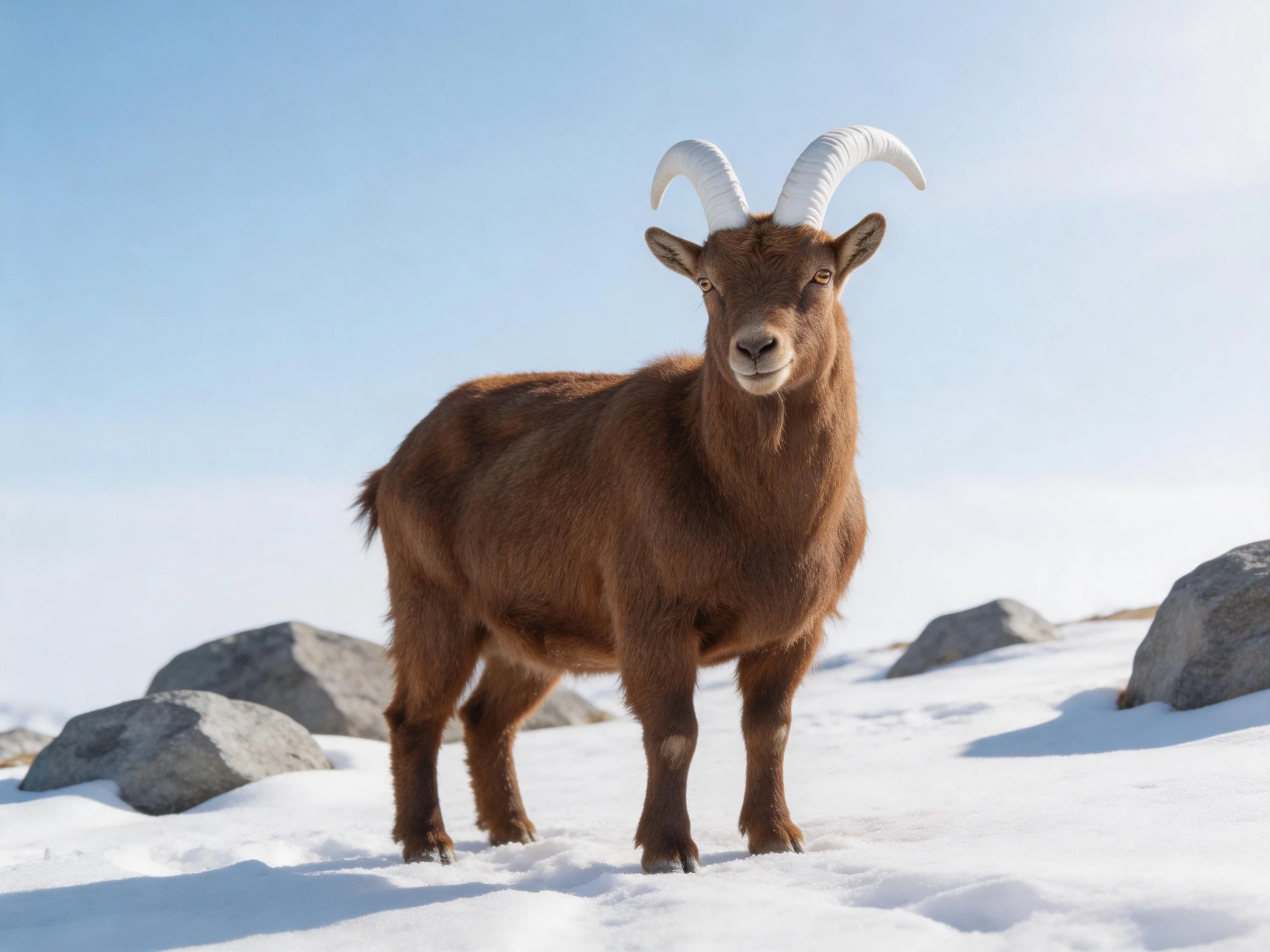 A brown mountain goat stands on snow near gray rocks.