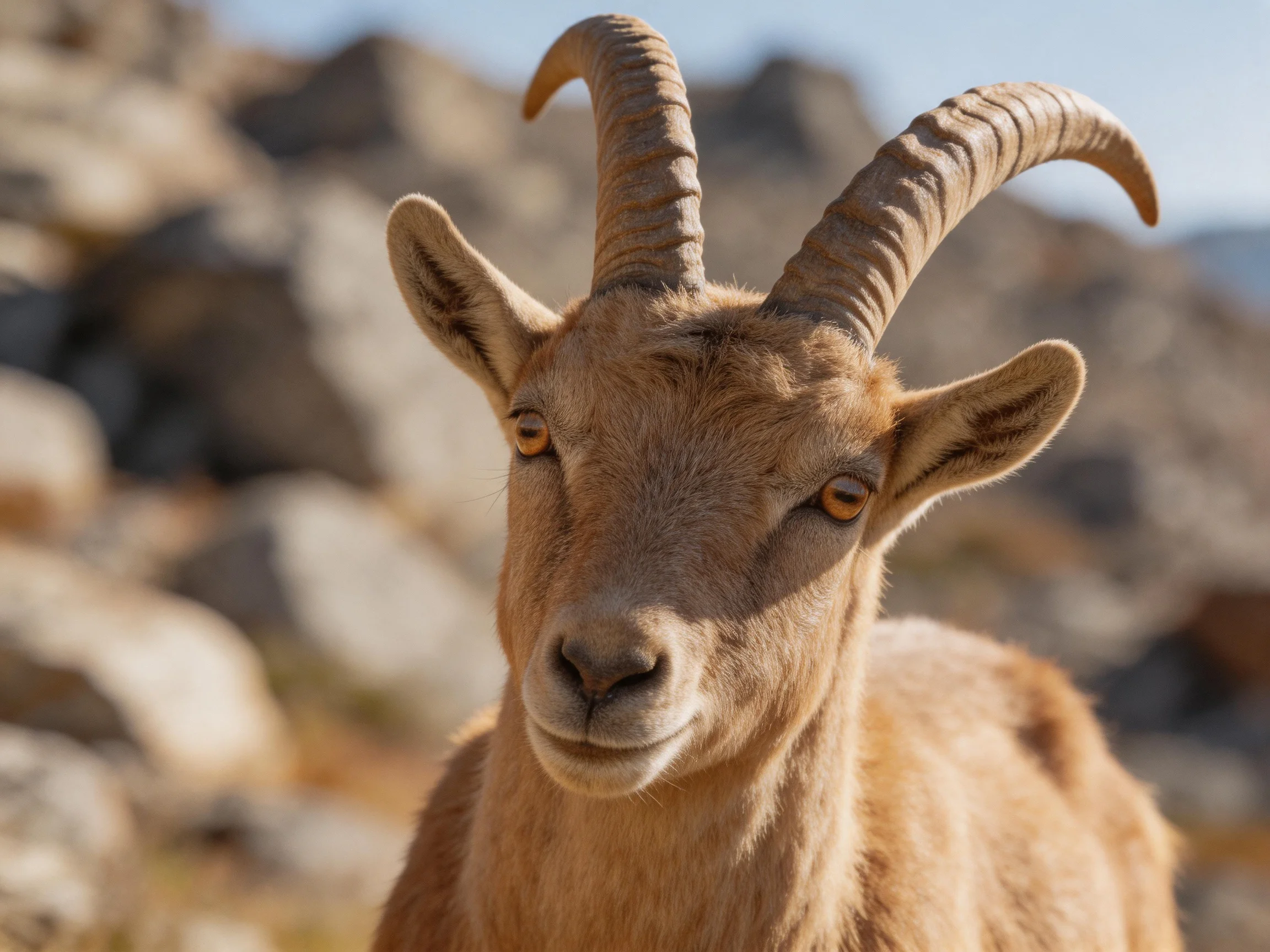 A brown mountain goat with large curved horns stands near rocky terrain.
