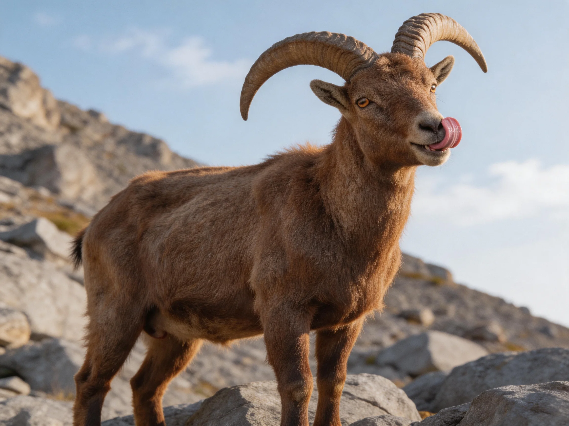 A brown mountain goat with large curved horns stands on rocky terrain.