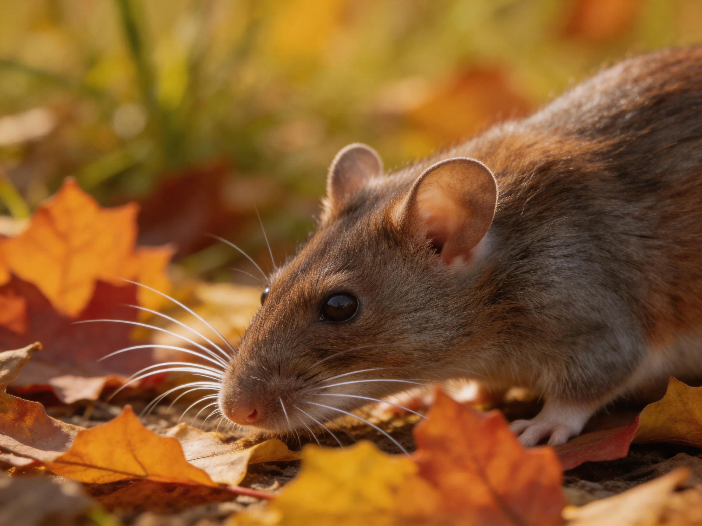 A brown mouse explores colorful autumn leaves in warm natural light