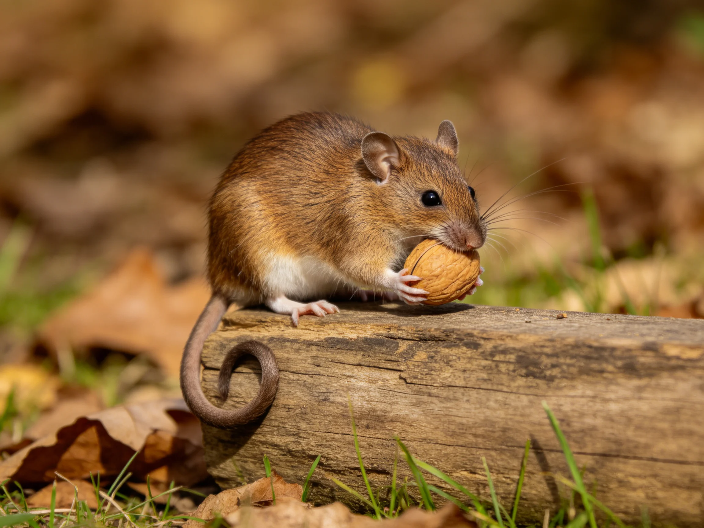 A small brown mouse clutches a nut while perched on a wooden log.